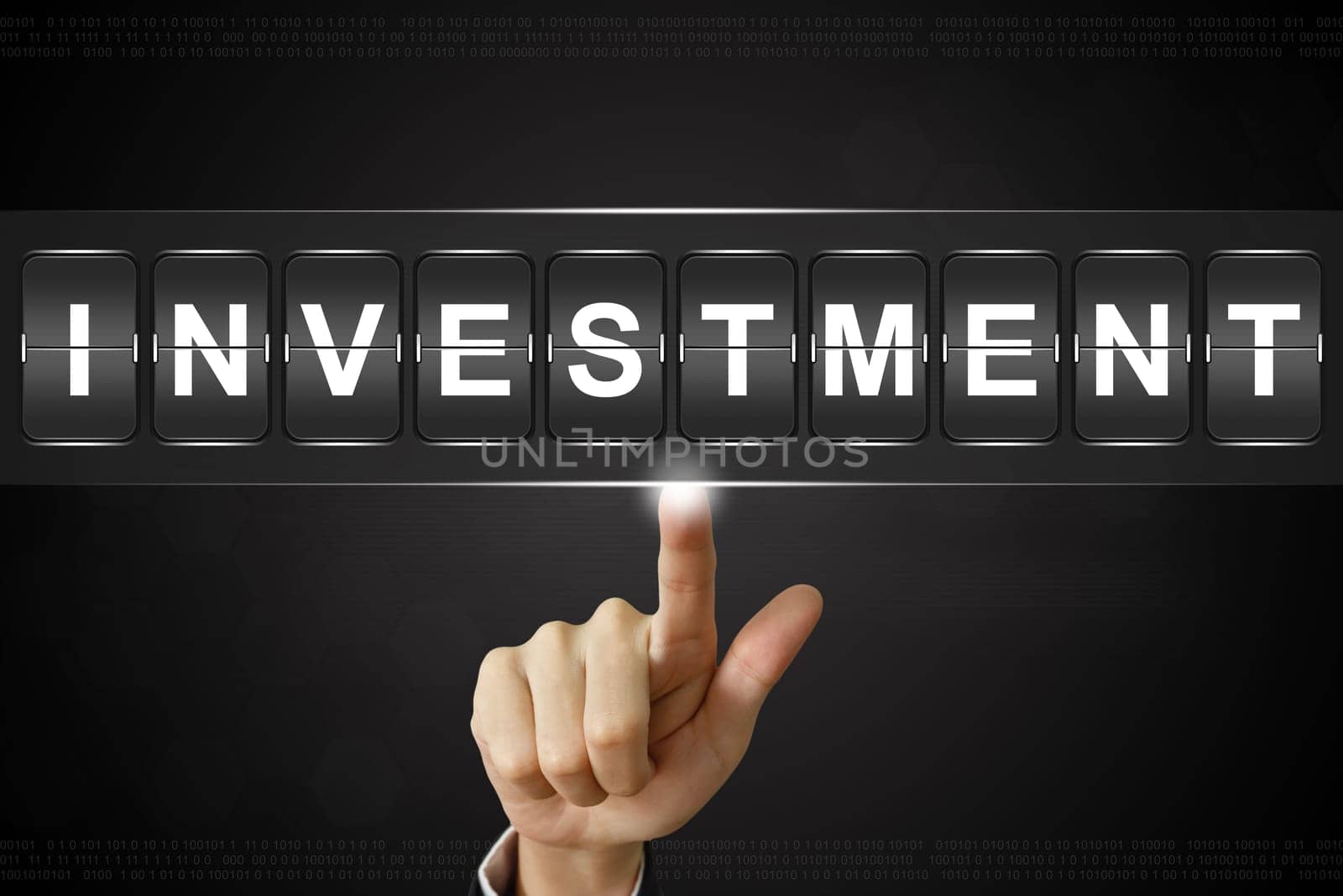 business hand pushing investment on Flipboard Display