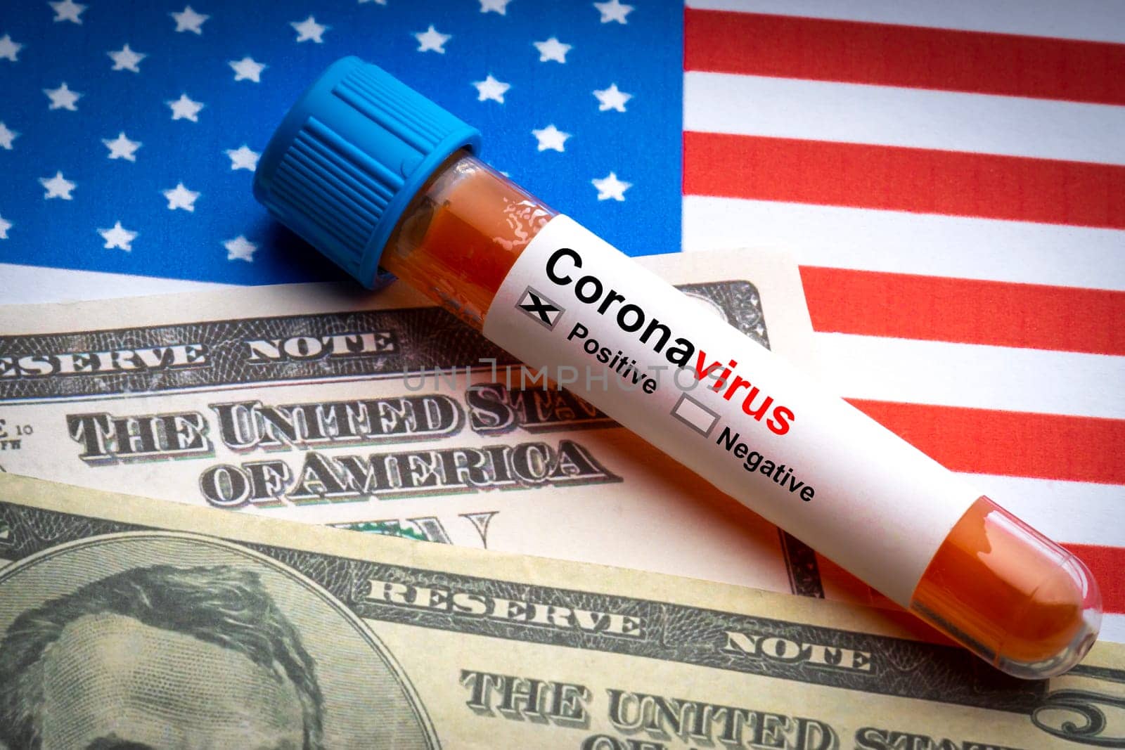 CORONAVIRUS COVID-19 text, US Dollar and blood sample vacuum tube on America flags background. Covid-19 or Coronavirus Concept