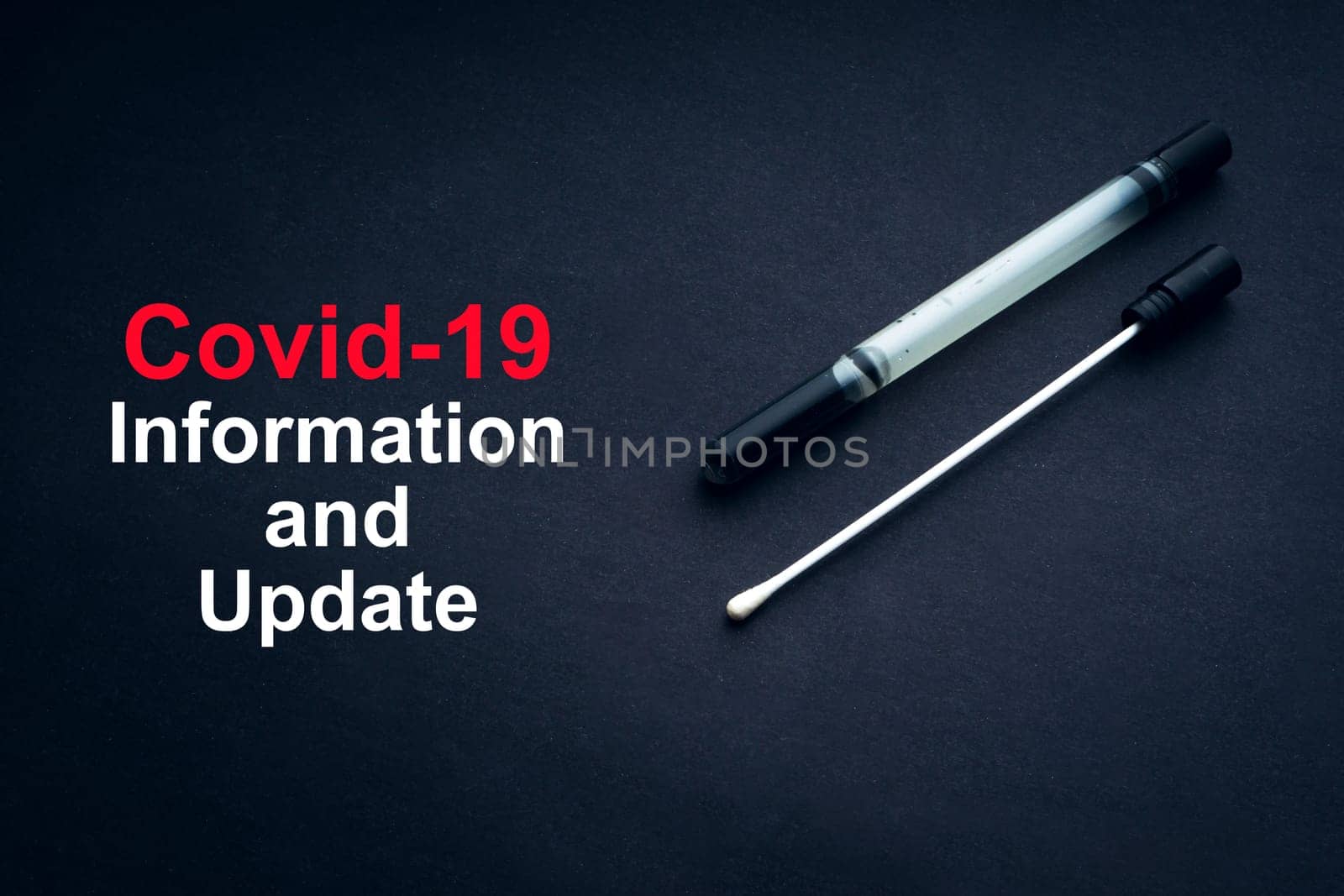 COVID-19 or CORONAVIRUS INFORMATION AND UPDATE text with medical swab on black background. Covid-19 or Coronavirus concept.