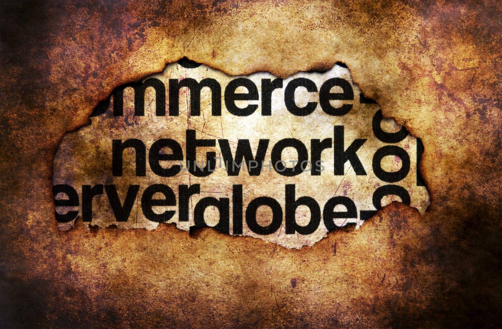 Network word cloud on paper hole grunge concept