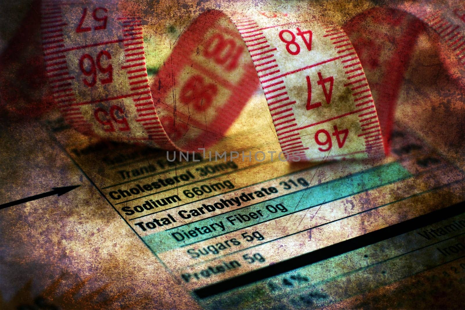 Nutrition facts and measure tape grunge concept
