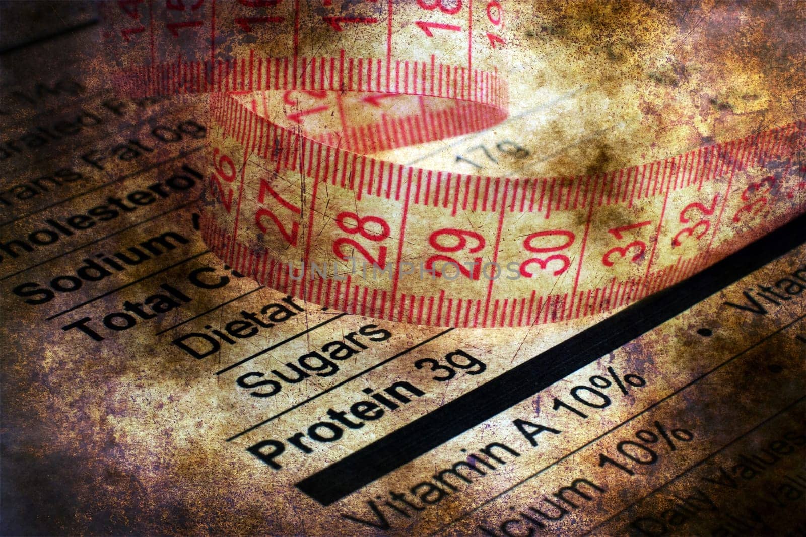 Nutrition facts and measure tape grunge concept
