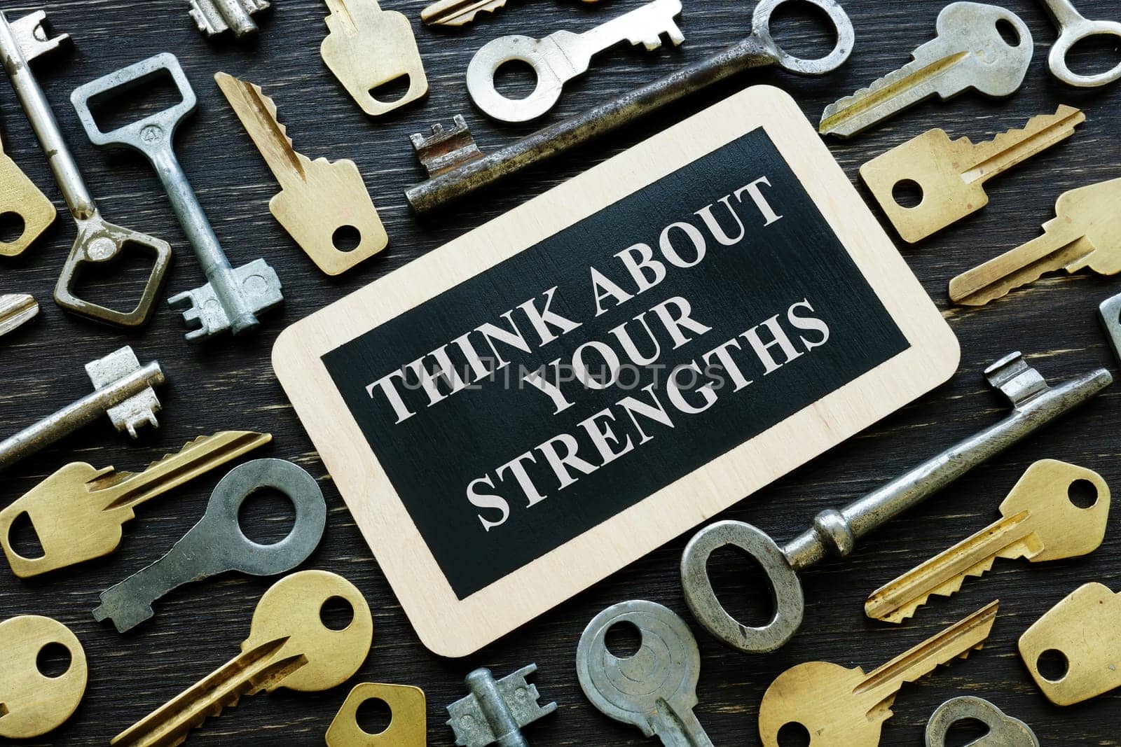 Think about your strengths phrase and old metal keys.
