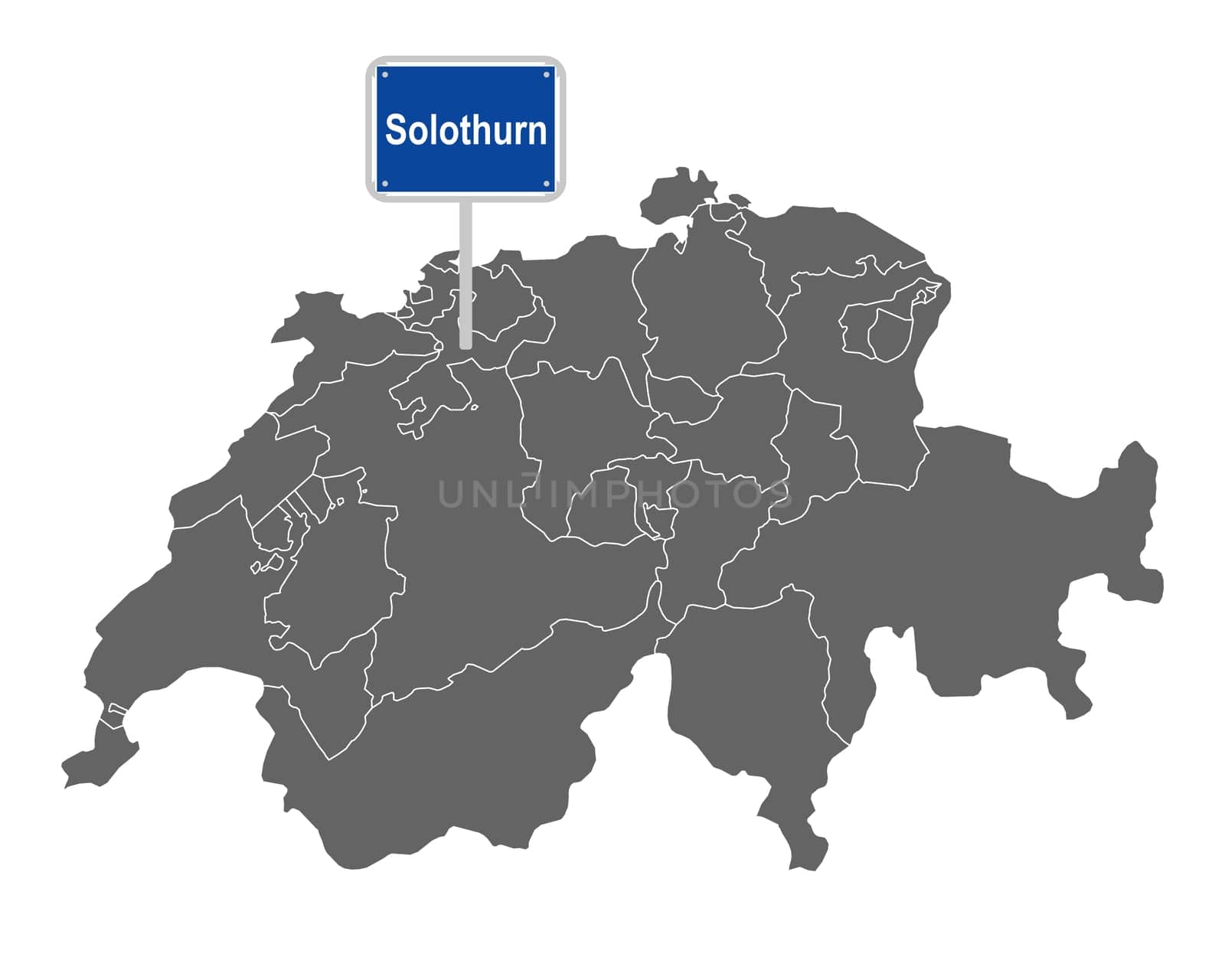 Landkarte der Schweiz mit Ortsschild von Solothurn