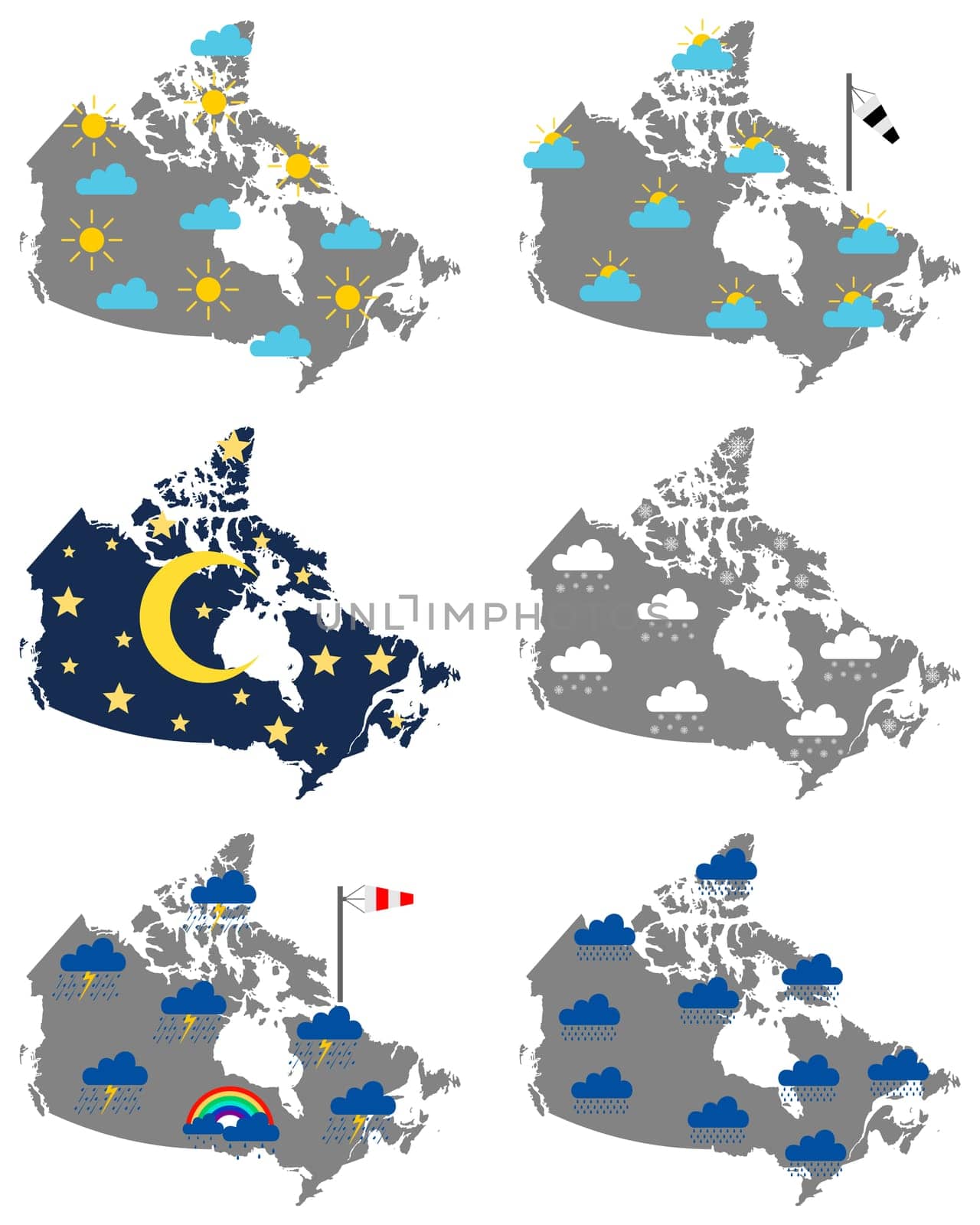 Karten von Kanada mit verschiedenen Wettersymbolen