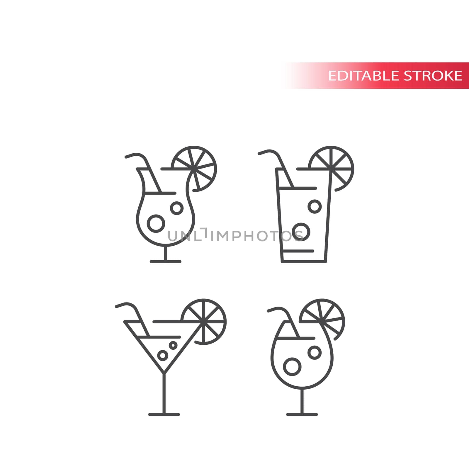 Cocktail drink glass with straw and lemon slice outline icons, editable stroke