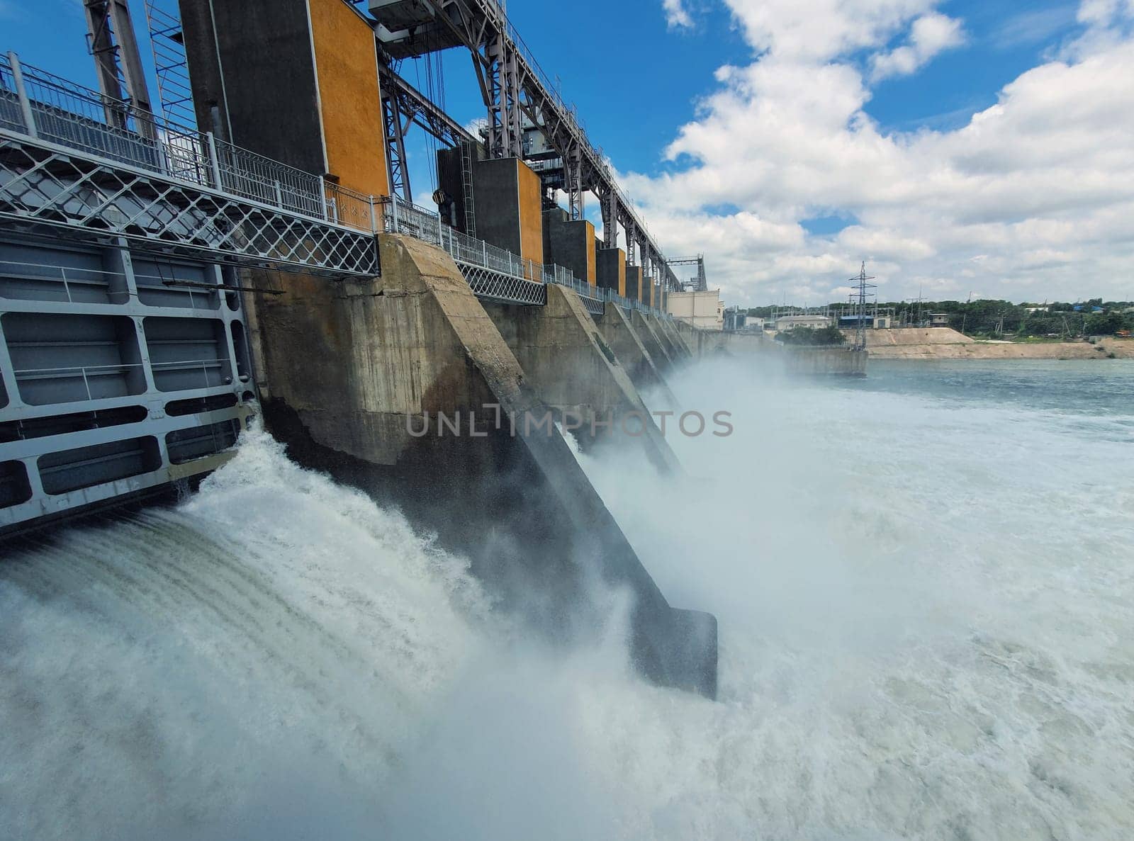 Hydropower Plant on the Nistru river in Dubasari (Dubossary), Transnistria, Moldova. Hydro power station, water dam, renewable electric energy source, industrial concept. Global environmental problems.
