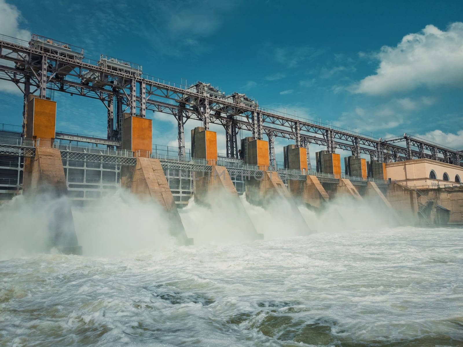Hydropower Plant on the Nistru river in Dubasari (Dubossary), Moldova. Hydro power station, water dam, renewable electric energy source, industrial concept. Global environmental problems.