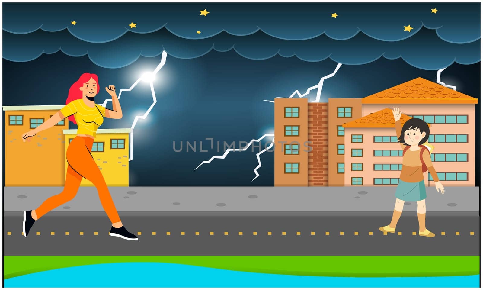 mother is taking care of her daughter in thunderstorm