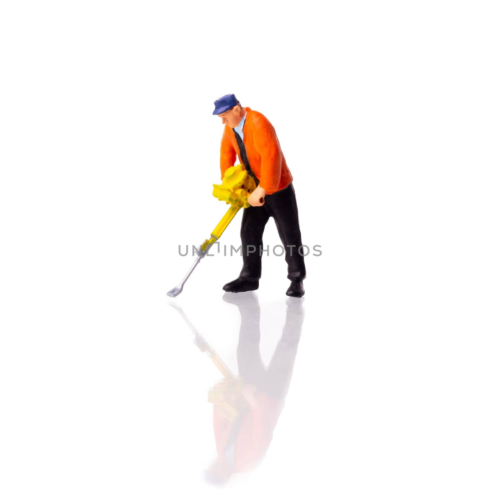 Little People Builder worker with pneumatic hammer drill equipment on white background