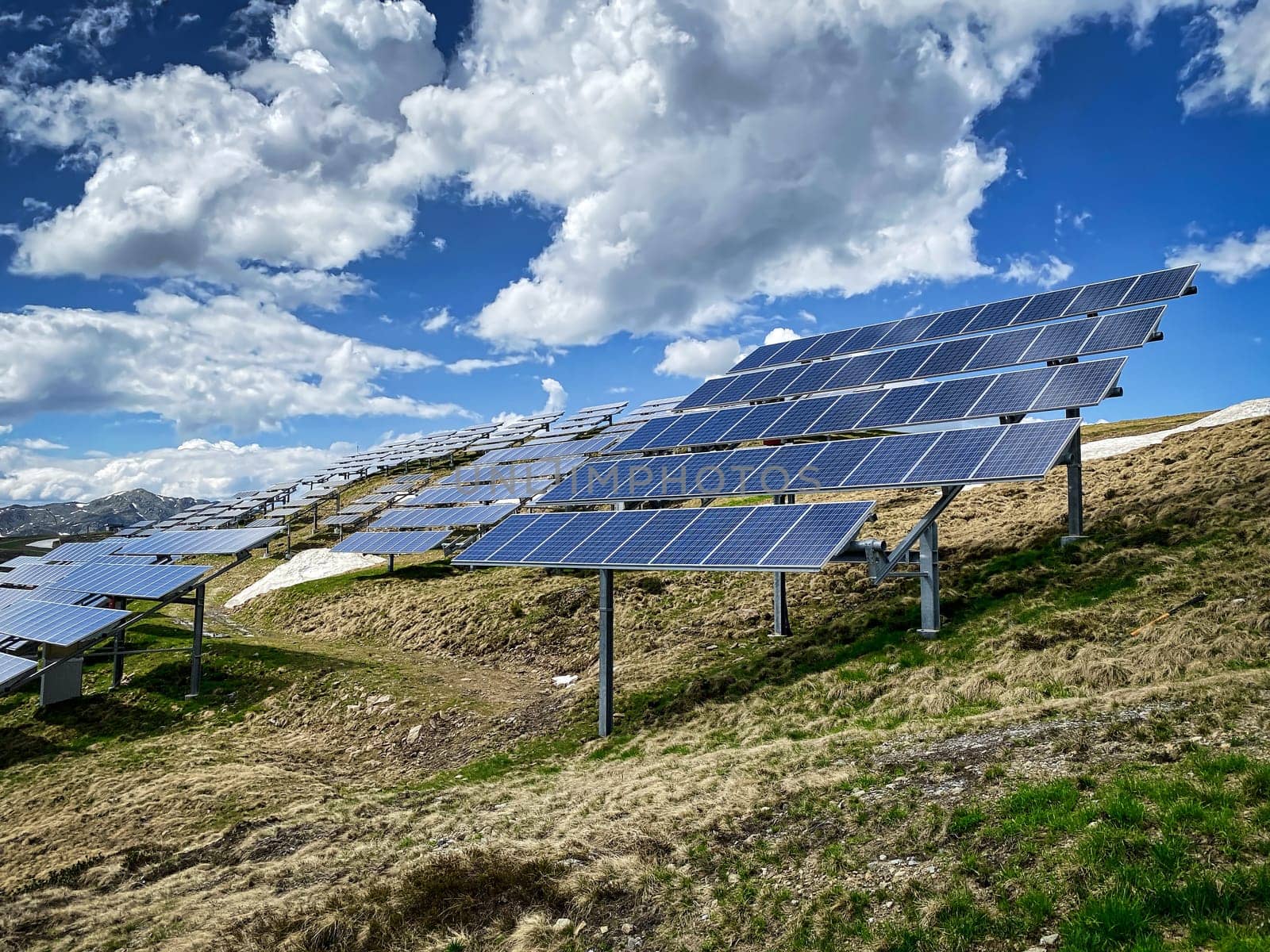 Solar Panel European Alps, high altitude landscape with alternative energy