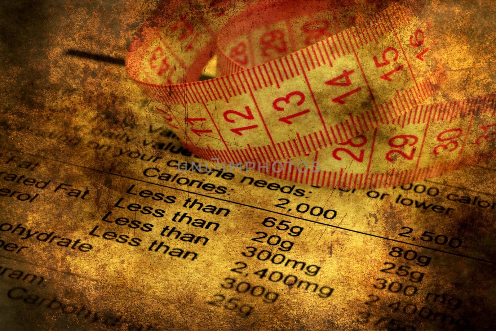 Nutrition facts and measure tape grunge concept