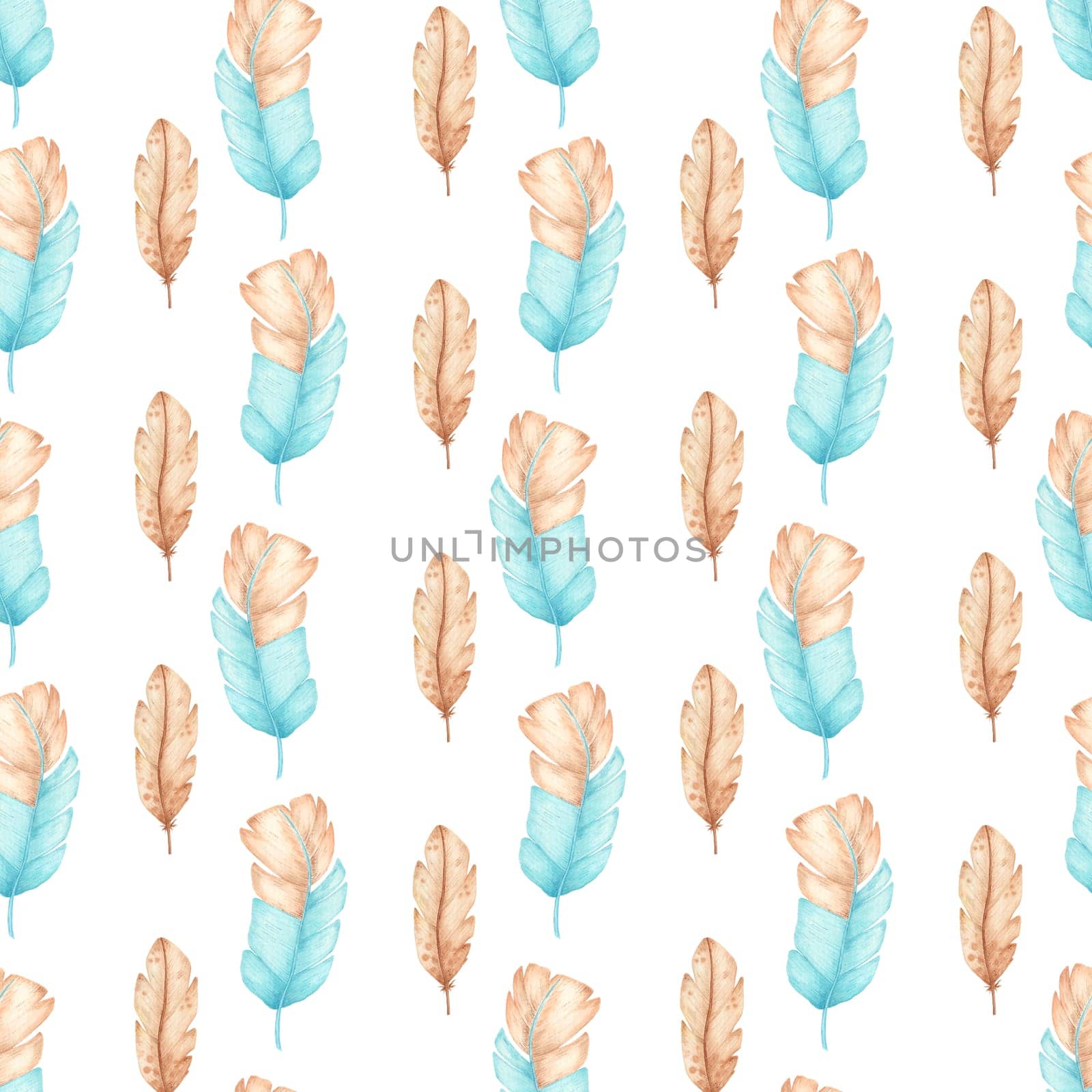 Watercolor fashion seamless pattern with feathers.Hand drawn turquoise and light brown feathers sketches. Isolsted on white