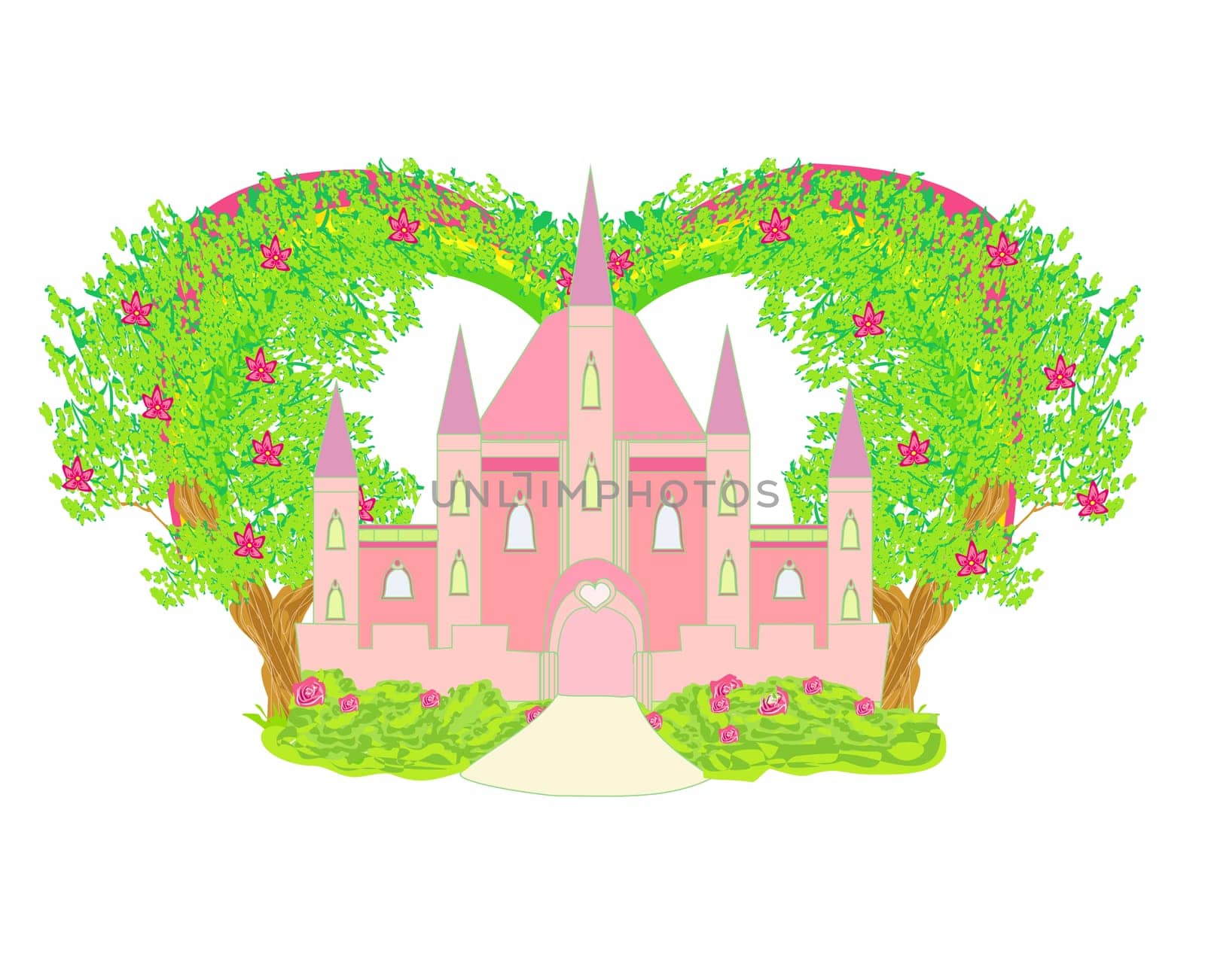 magical fairy tale land - decorative card with a castle and a beautiful garden