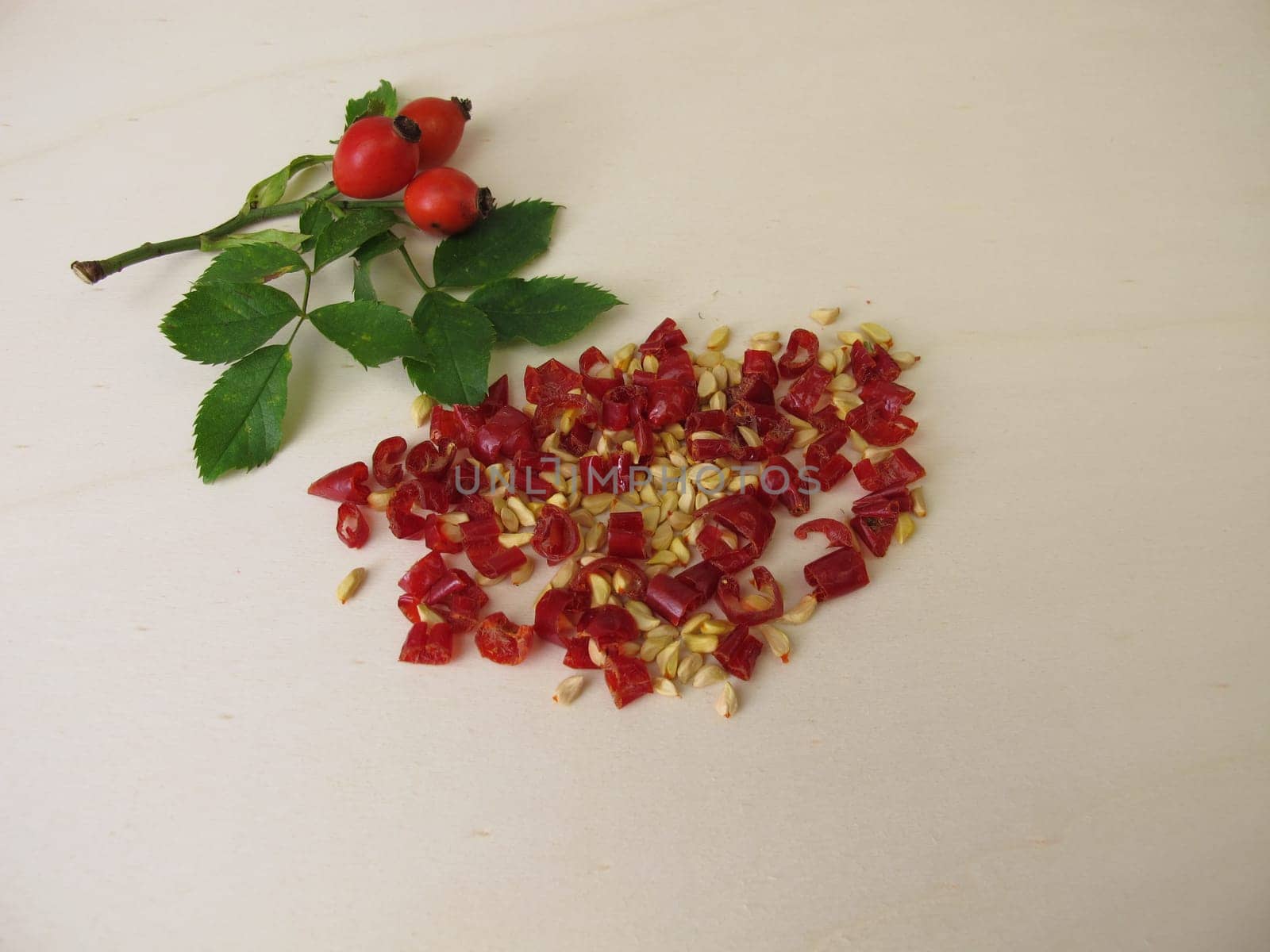 Dried rosehip peel and rosehip seeds from the wild rose dogrose