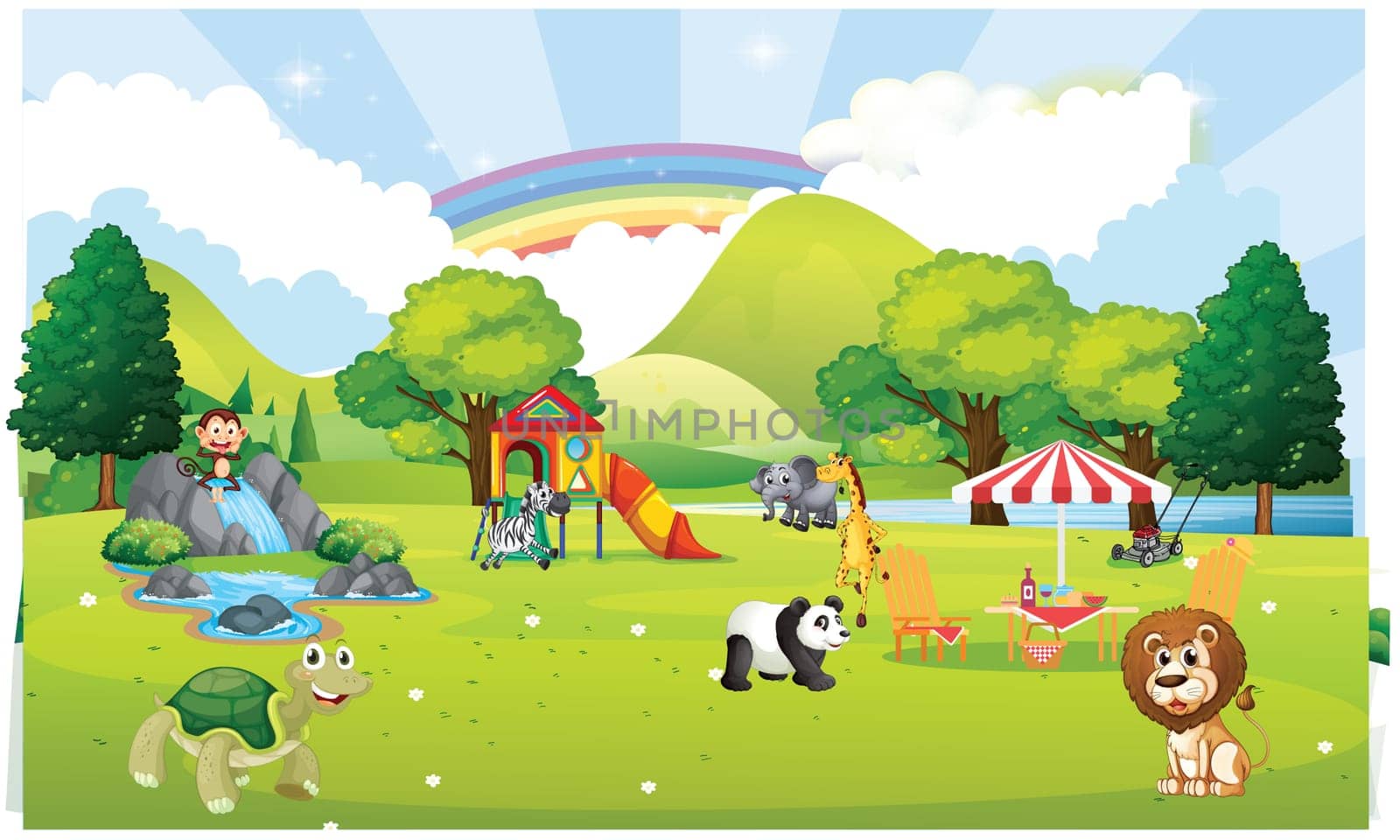 lion tortoise and all other animals are playing, rainbow after rain