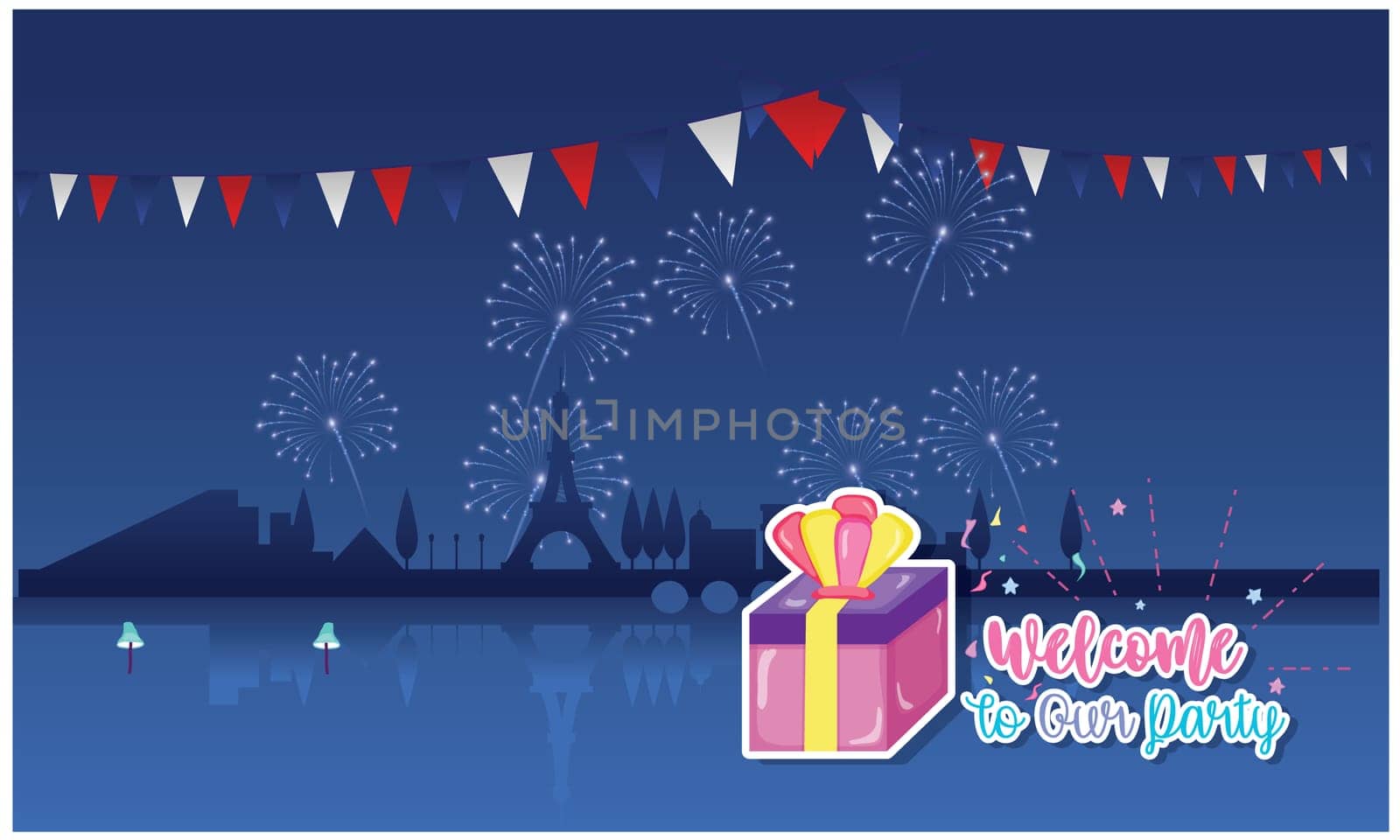 a big celebration in winter night with gifts, party and dance