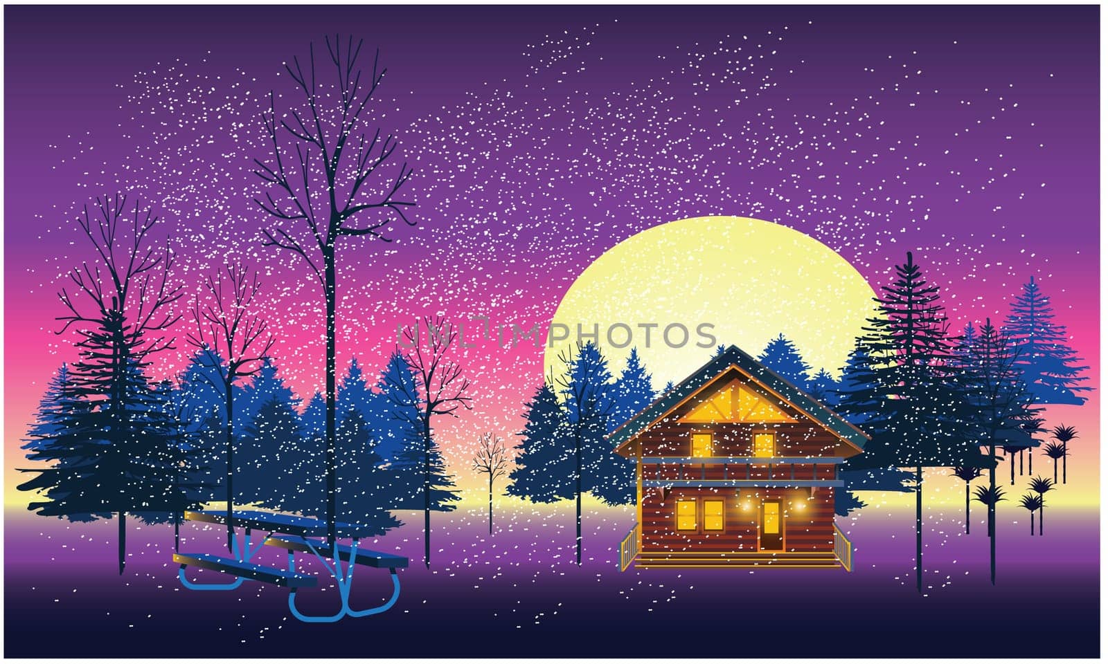 snow in winter night on tree and house