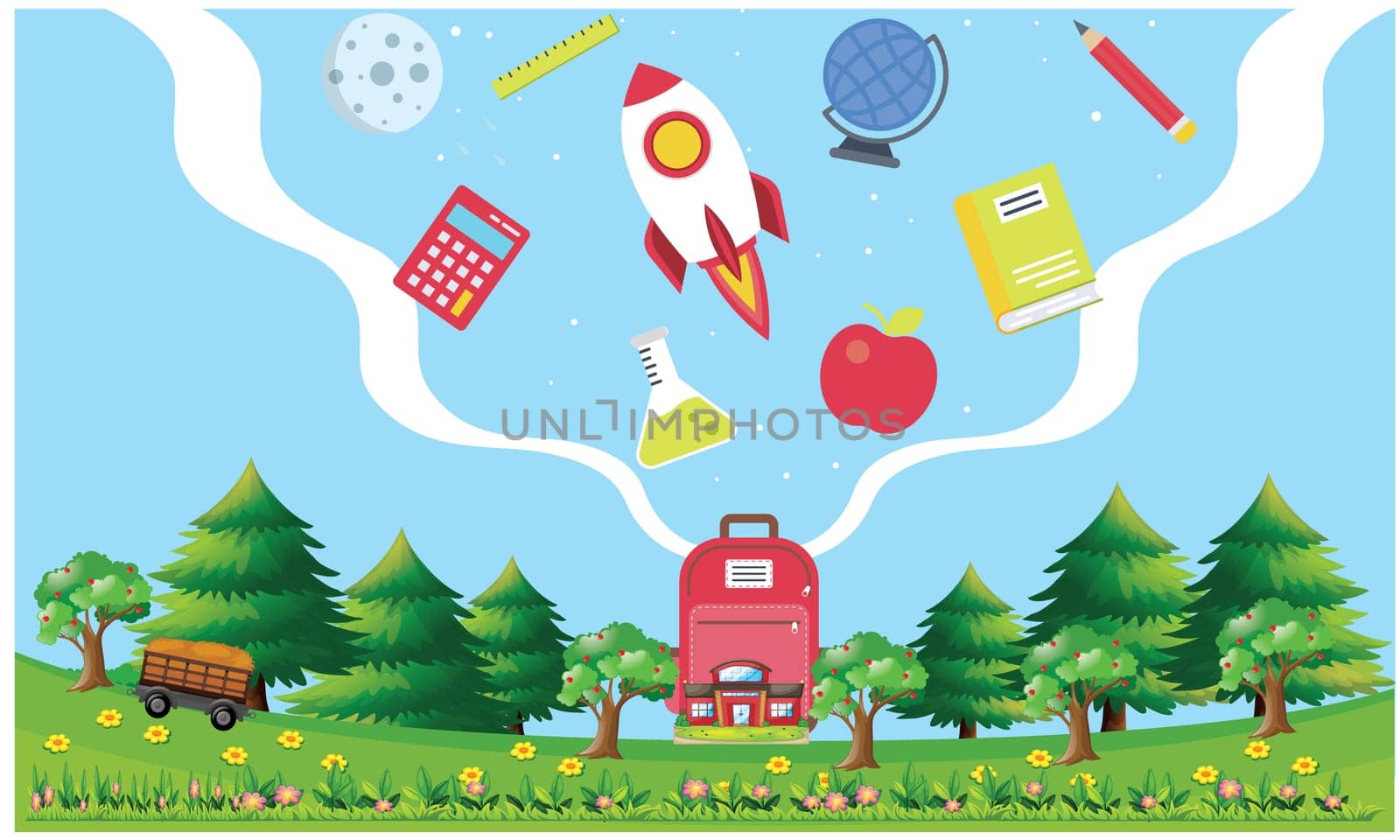 study items in air garden with tress and nice weather