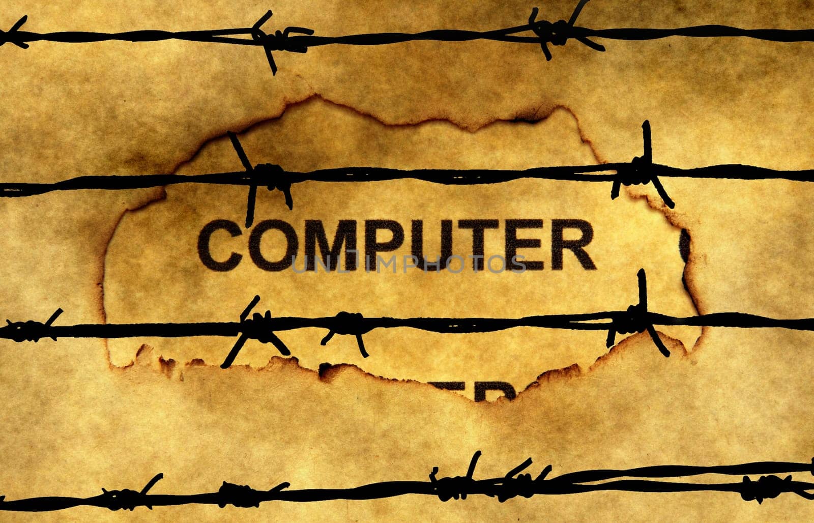Computer text on paper hole against barbwire
