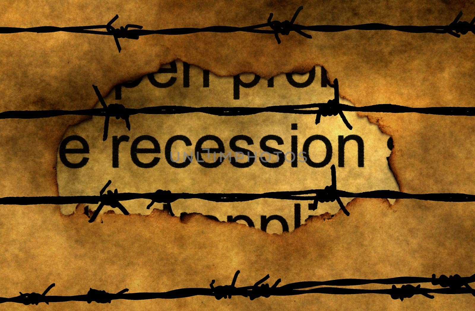 Recession text on paper hole against barbwire