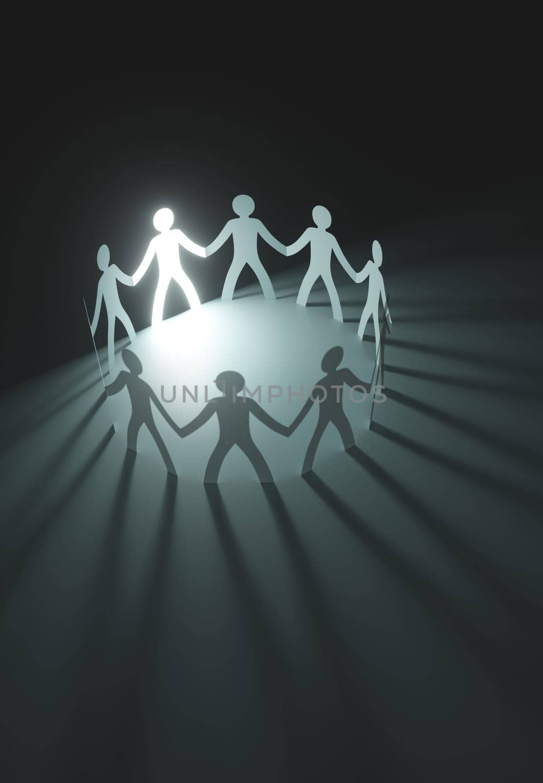 Group of people, united in the meeting of an organization. Paper cut out in the shape of people.