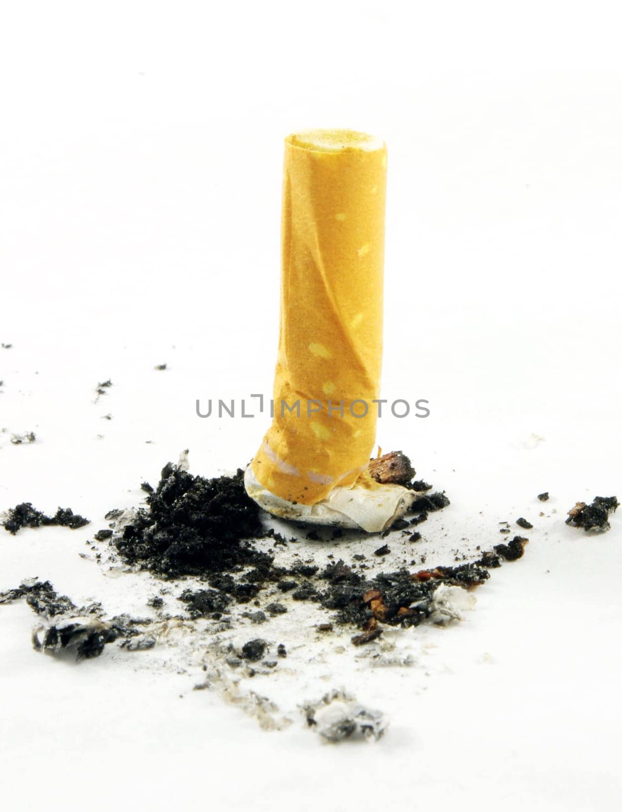 Close up of the cigarette butt with ash