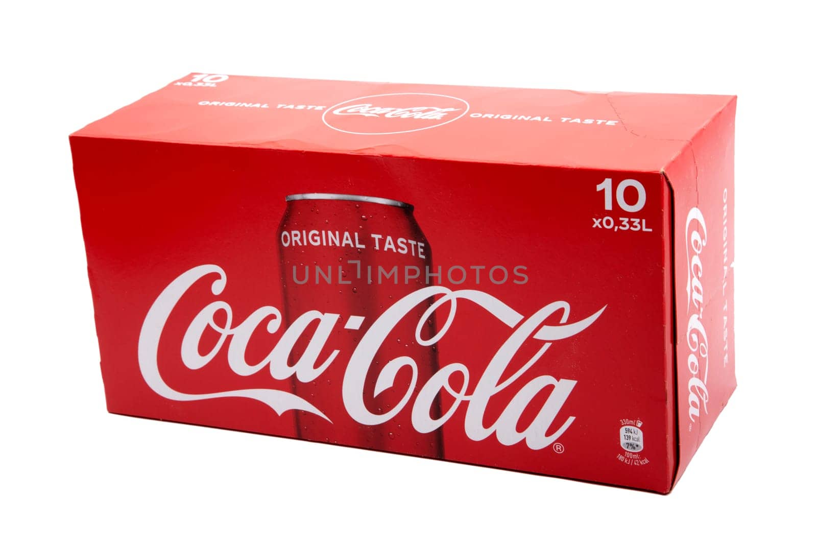 HUETTENBERG, GERMANY - FEBRUARY 03, 2020: Box with 10 COCA-COLA Cans isolated on white background.. Coca-Cola and the contour bottle design are trademarks of The Coca-Cola Company