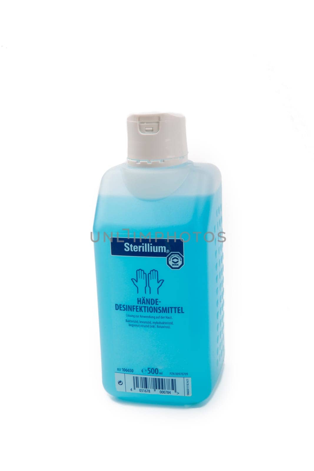 WETZLAR, GERMANY -2020-03-18, Product Photo of bottle disinfecting Sterillium over white.
