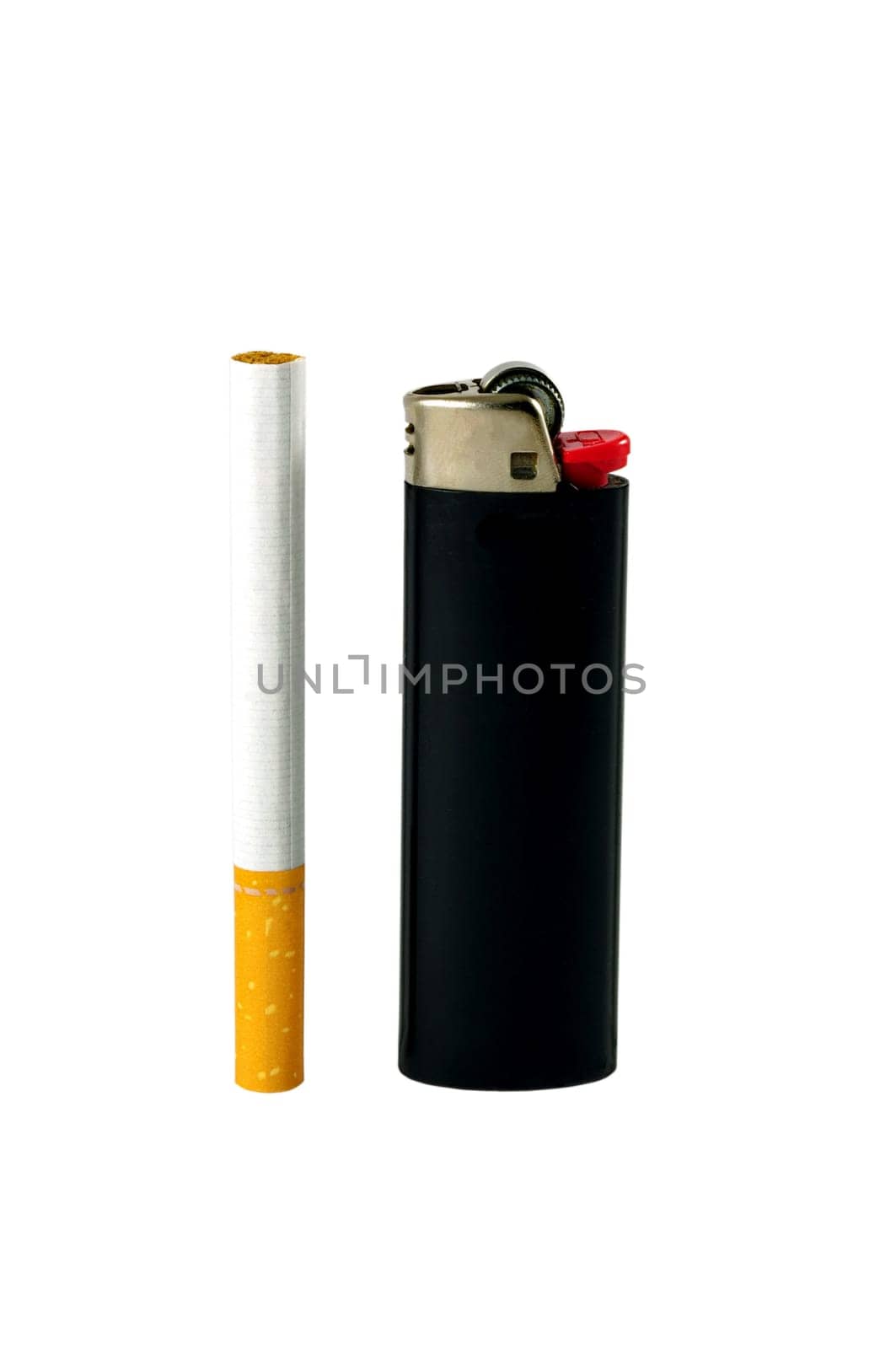 Closeup of lighter with cigarette isolated on white