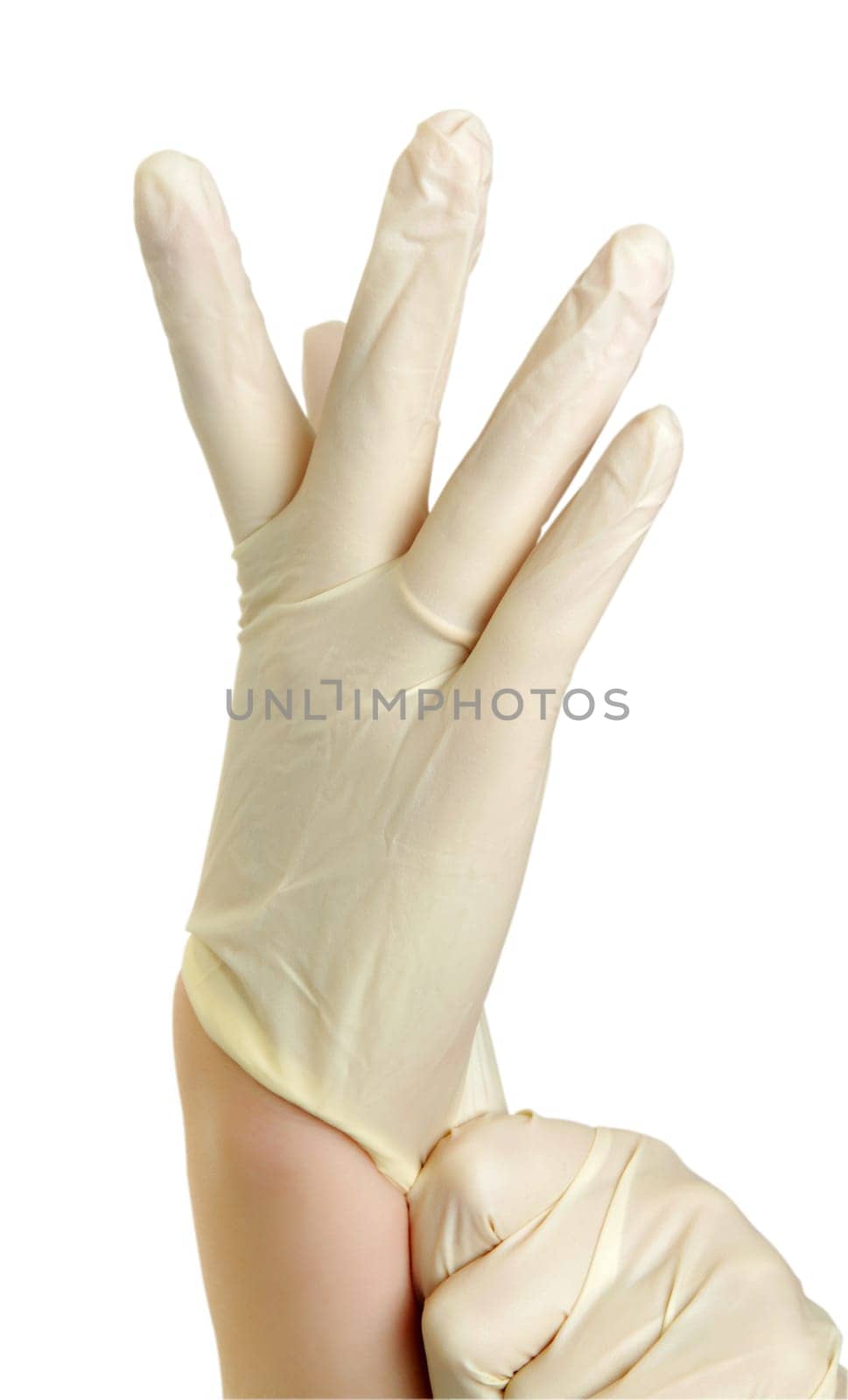 hand with medical gloves on white