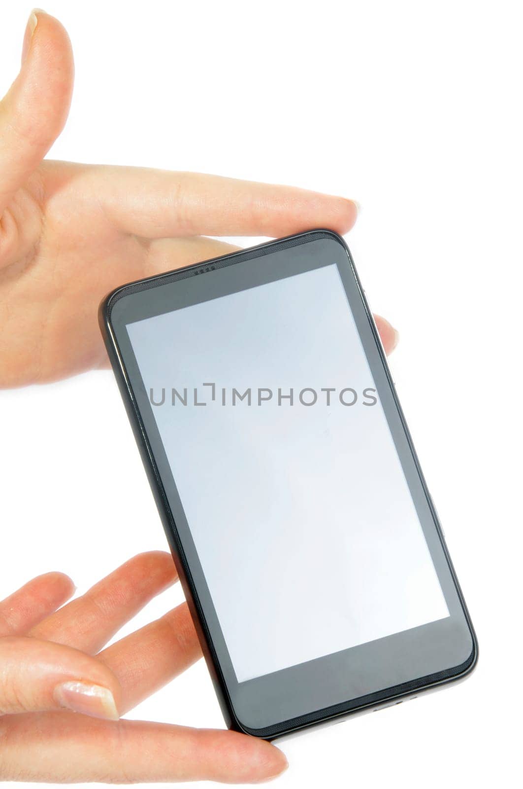 modern smartphone in female hand on white