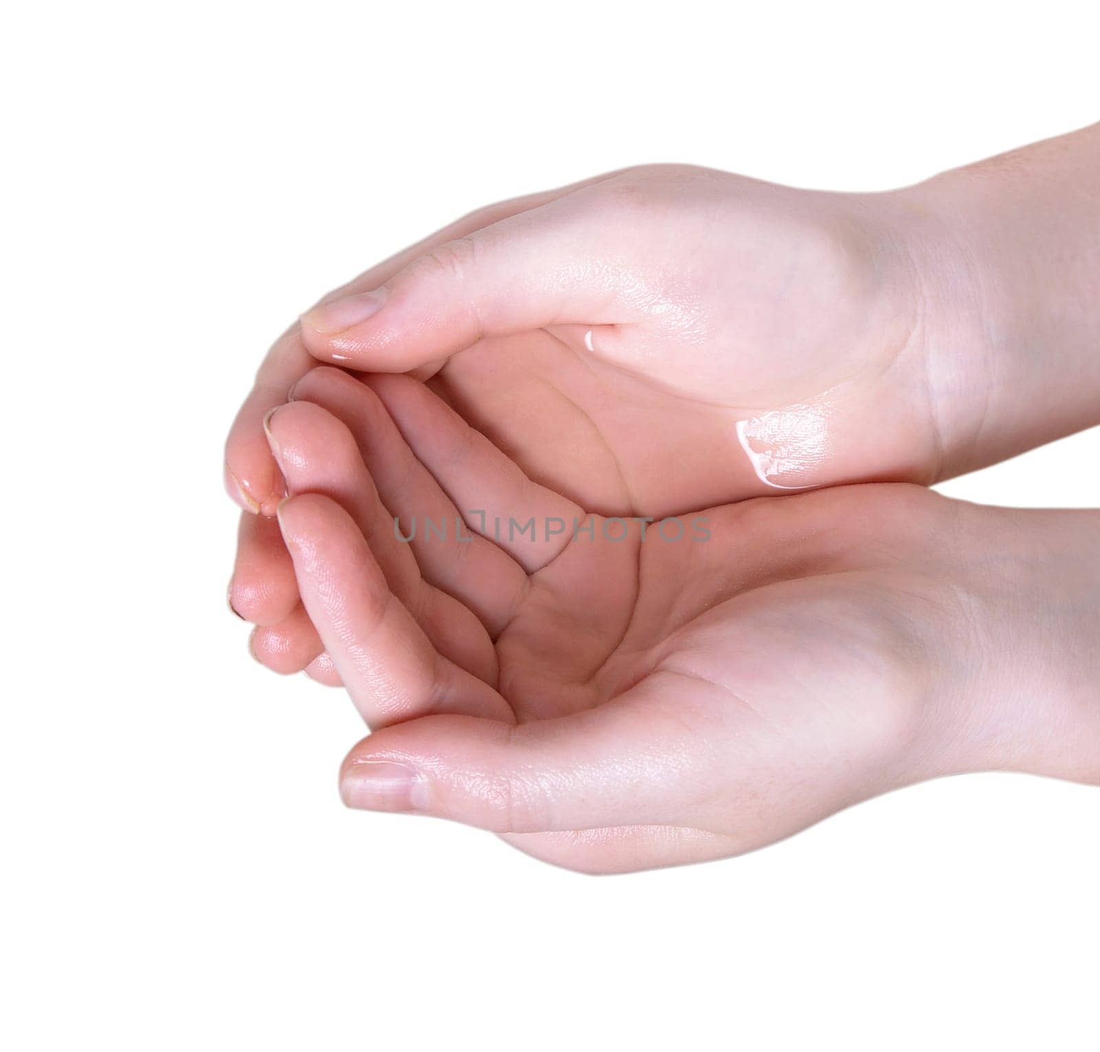female hands with water over white