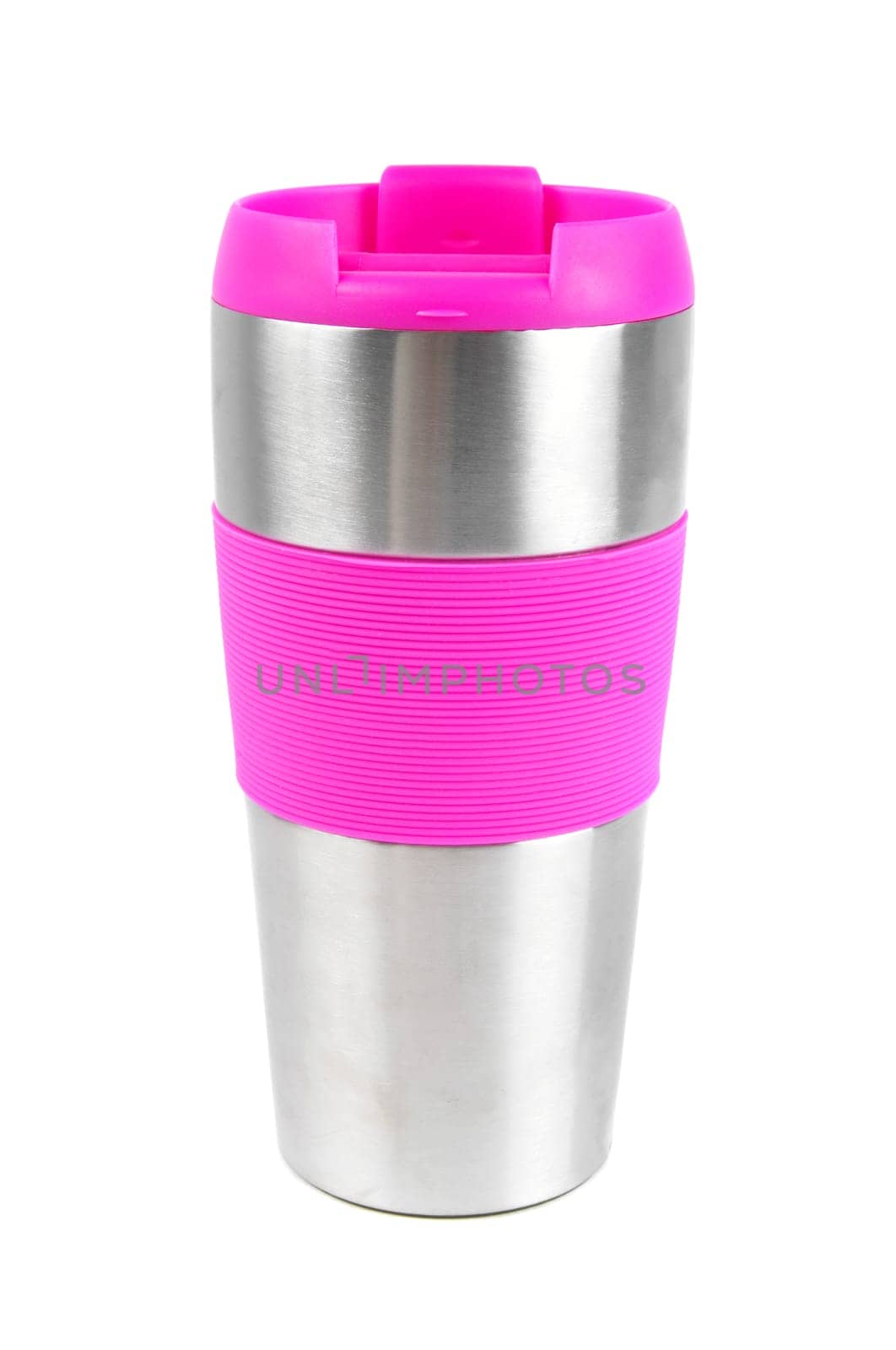 pink thermos cup over white
