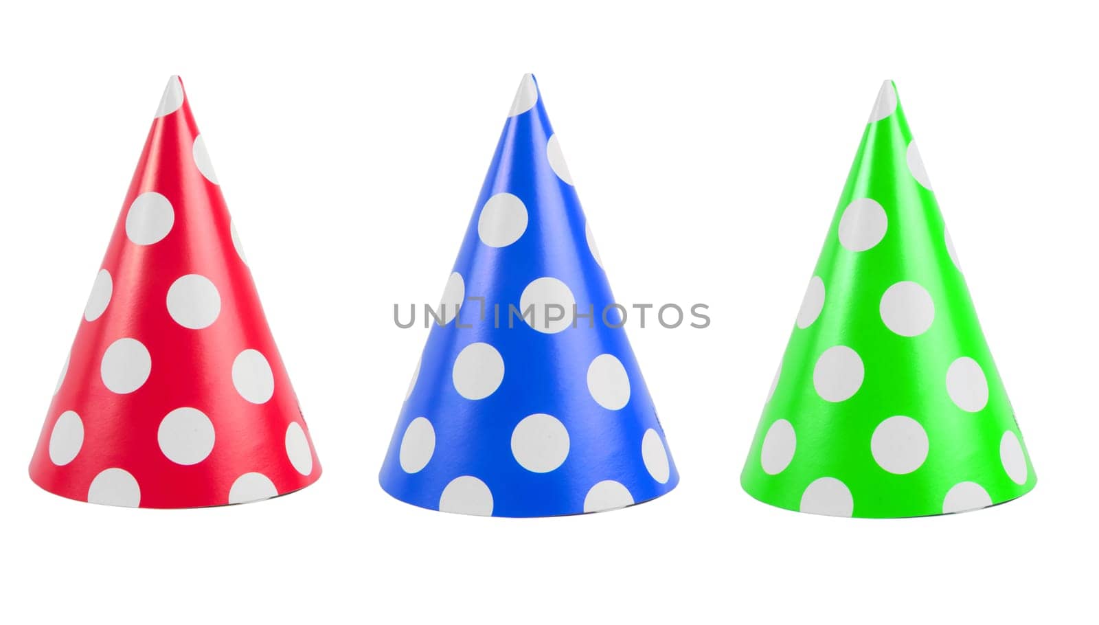 three colorful party hats over white