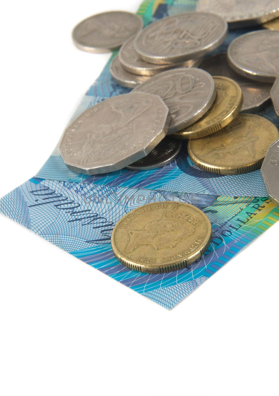 australian cash and coins over white