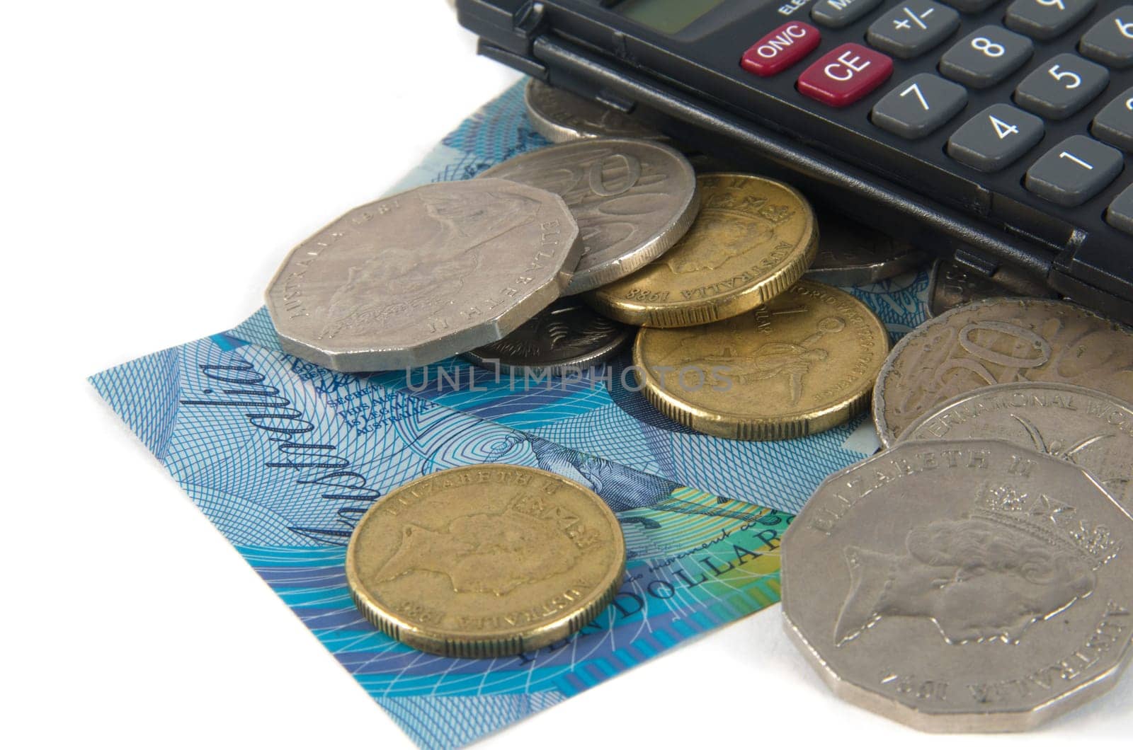 australian cash and coins over white