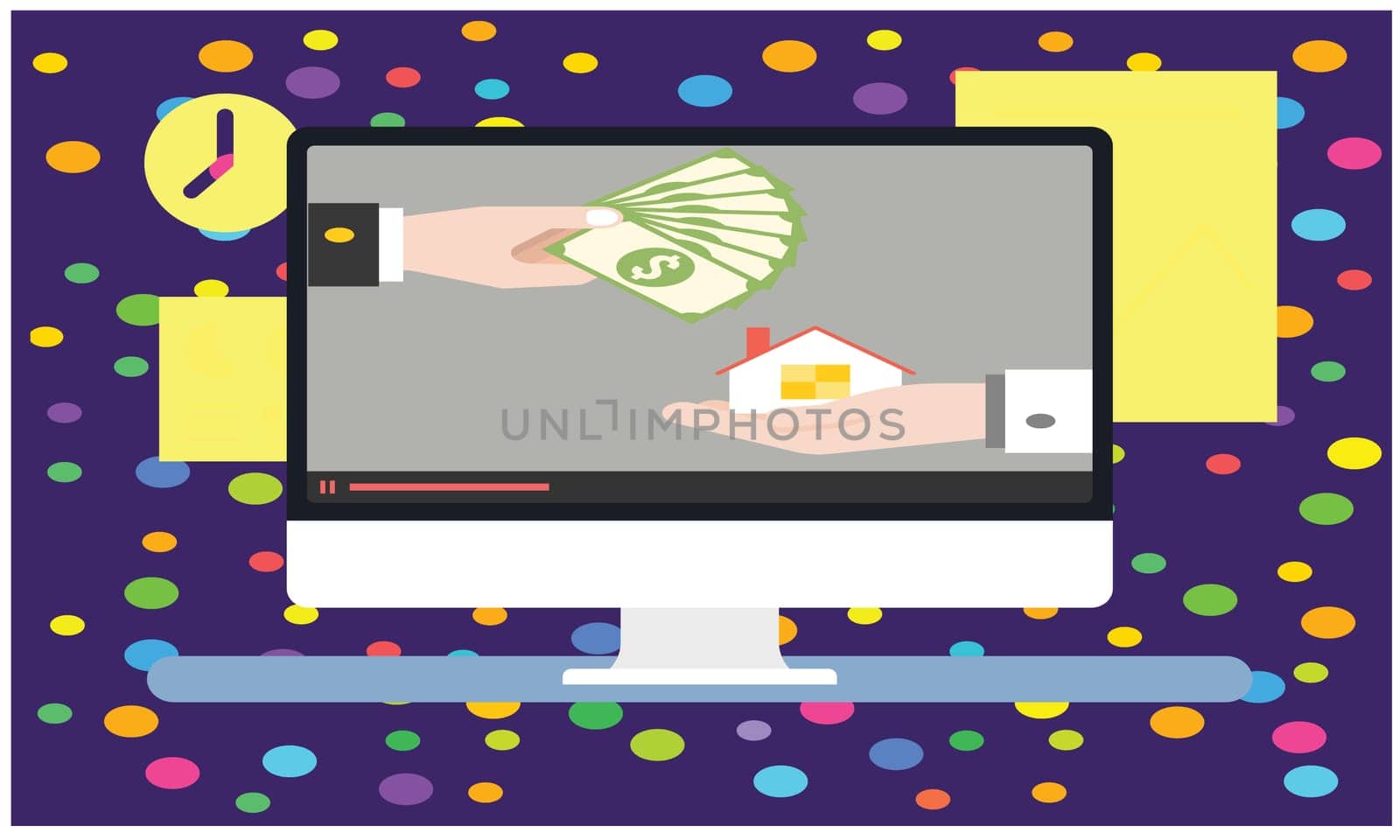 a desktop screen with purchase of house with money on abstract background