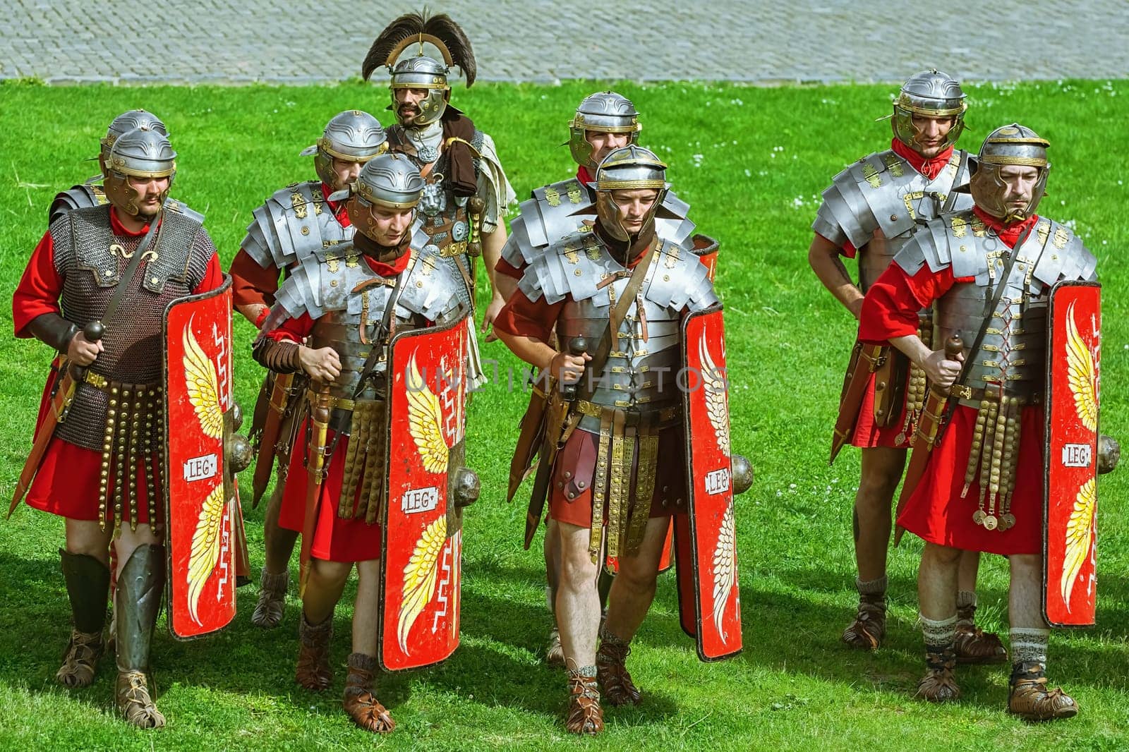 Alba Iulia, Romania - May 04, 2019: Roman Legionnaires of Legio XIII Gemina during the Festival Roman Apulum "Revolta""."