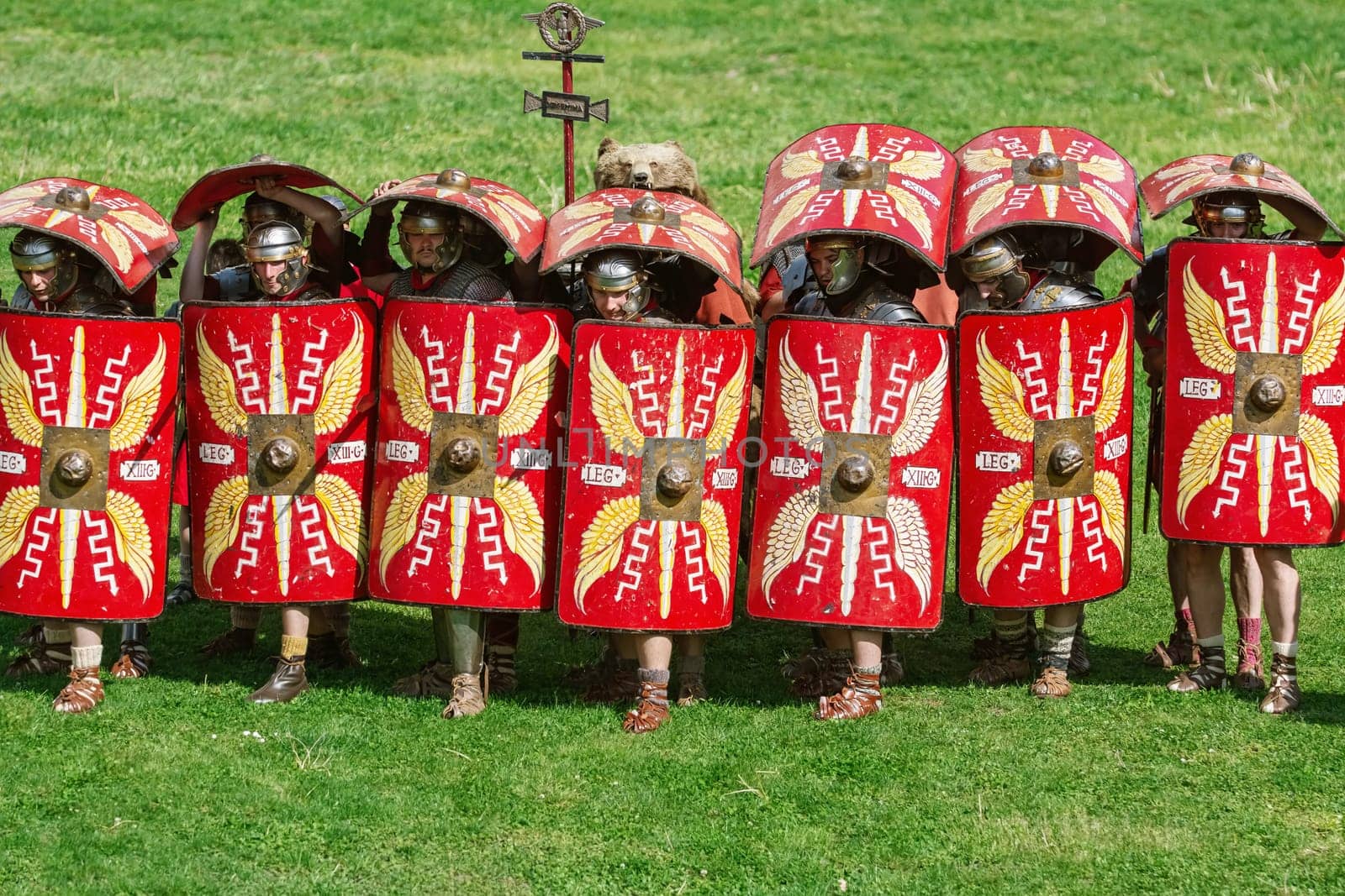 Alba Iulia, Romania - May 04, 2019: Roman Legionnaires of Legio XIII Gemina during the Festival Roman Apulum "Revolta""."