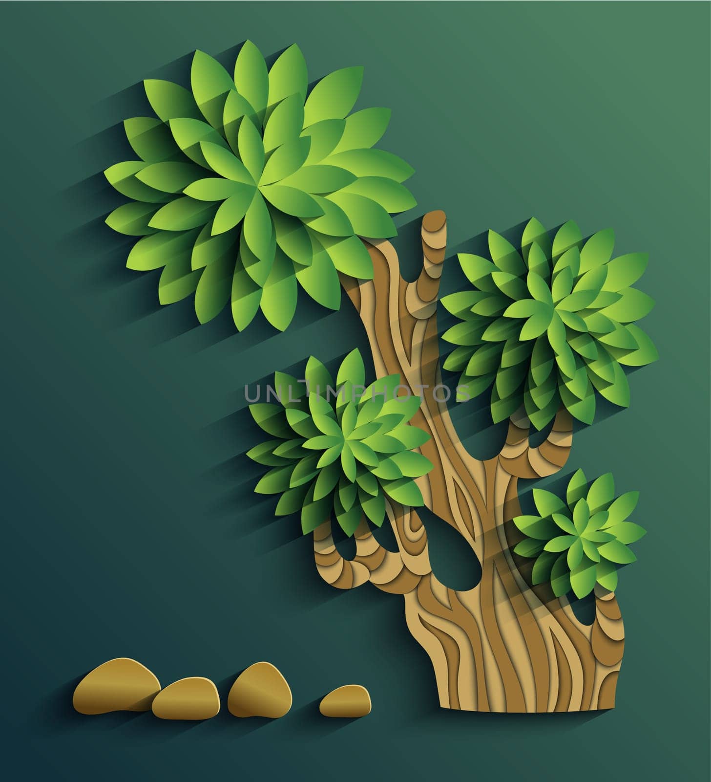 Vector modern illustration of volumetric tree. Trendy craft style card design. 3d effect imitation