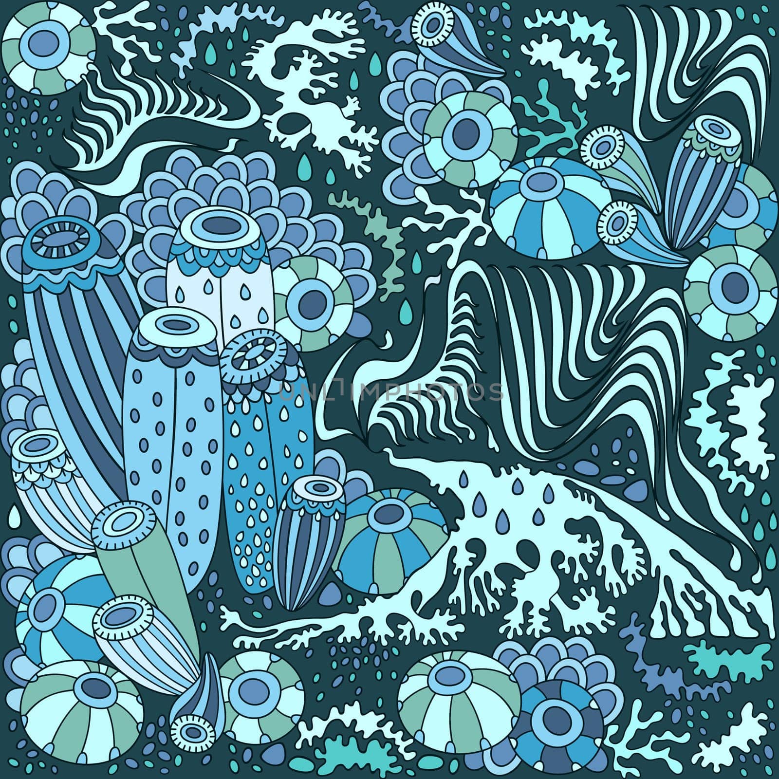 Underwater life cartoon vector hand drawn abstract illustration