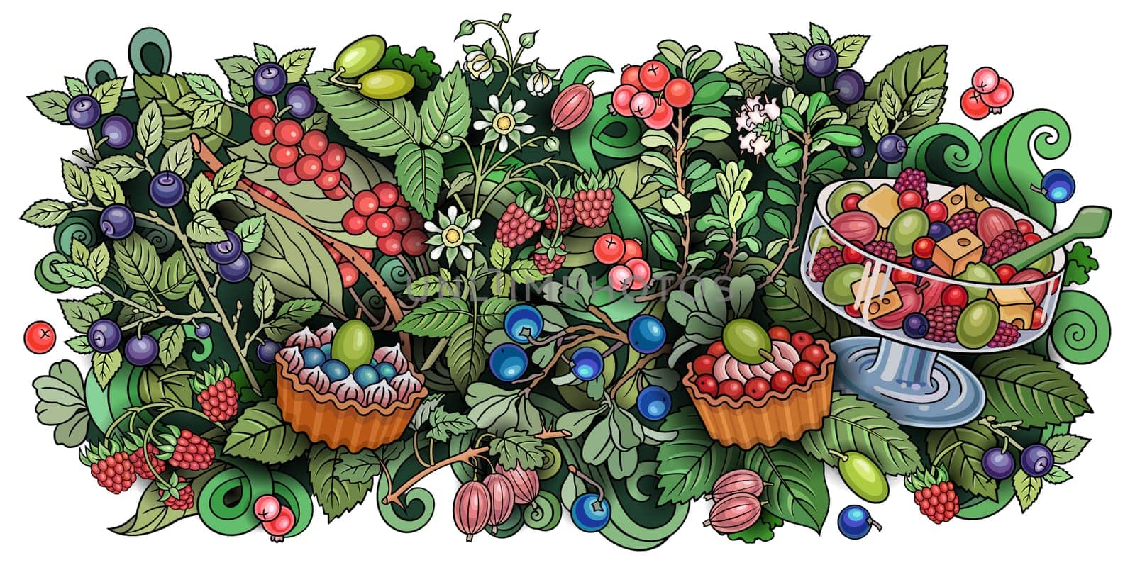Fruits, berries, sweets hand drawn vector doodles illustration. Nature and food elements and objects cartoon background. Bright colors funny picture