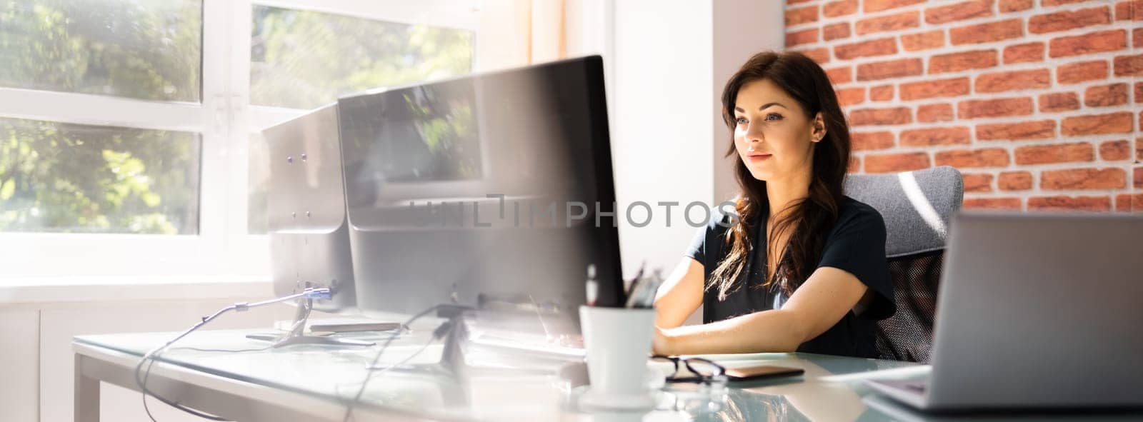 Woman At Workplace. Manager Doing Business Communication In Office