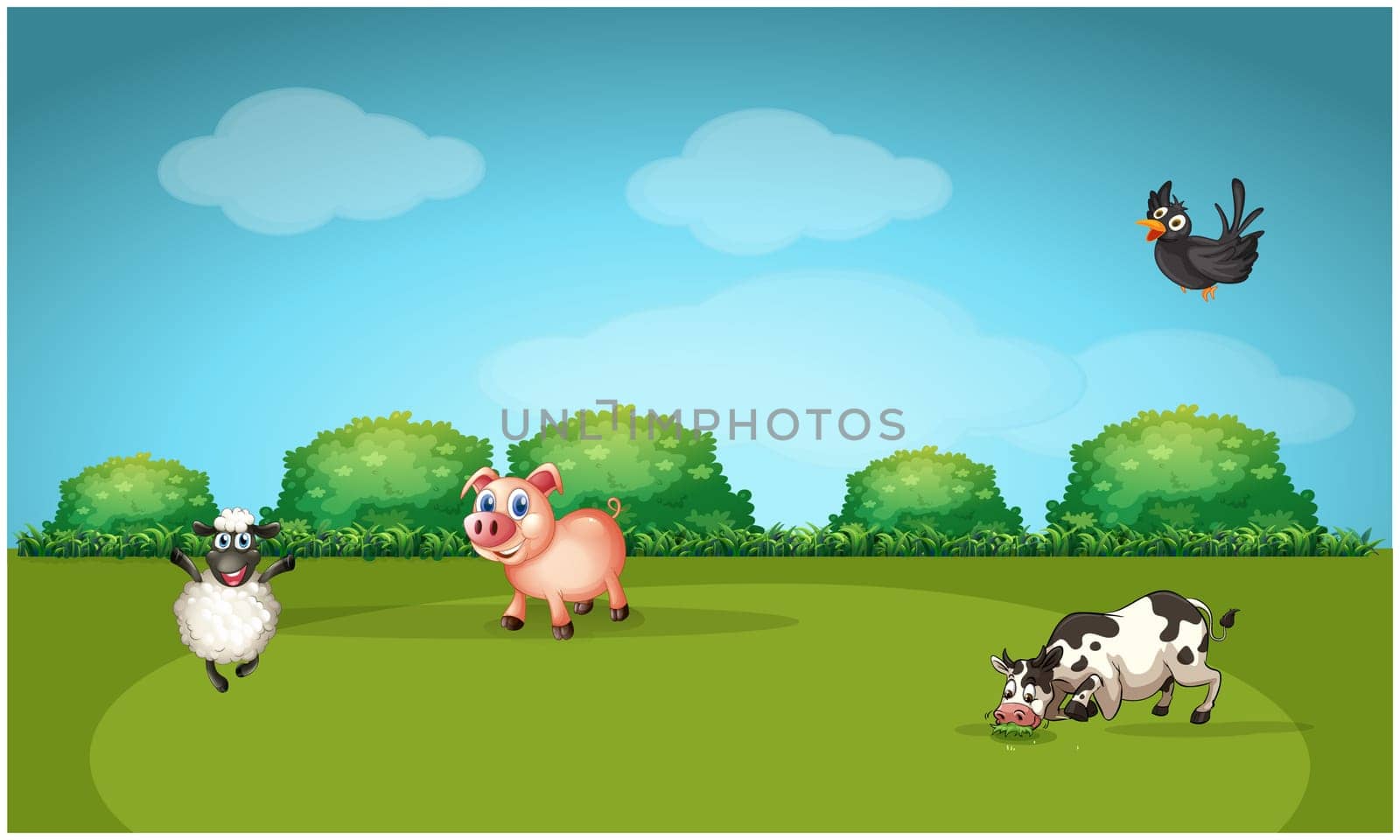 several animals are grazing and playing in the farms