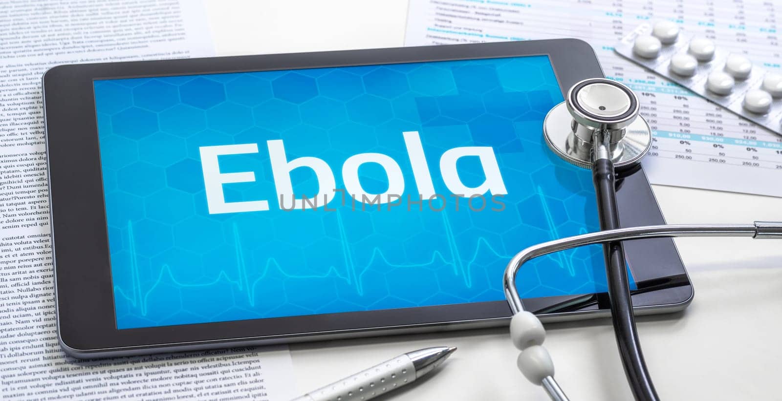 The word Ebola on the display of a tablet