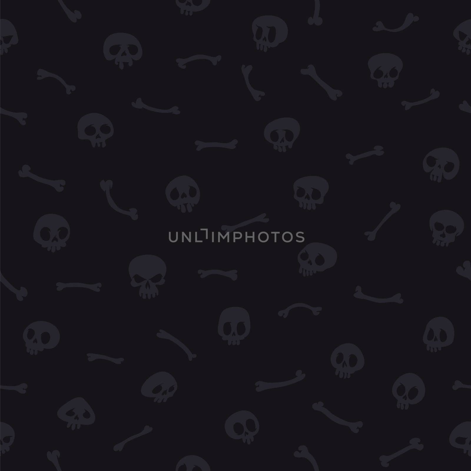 Gray Cartoon Skulls on Black Background Seamless Pattern. Editable pattern in swatches. Clipping paths included in additional jpg format