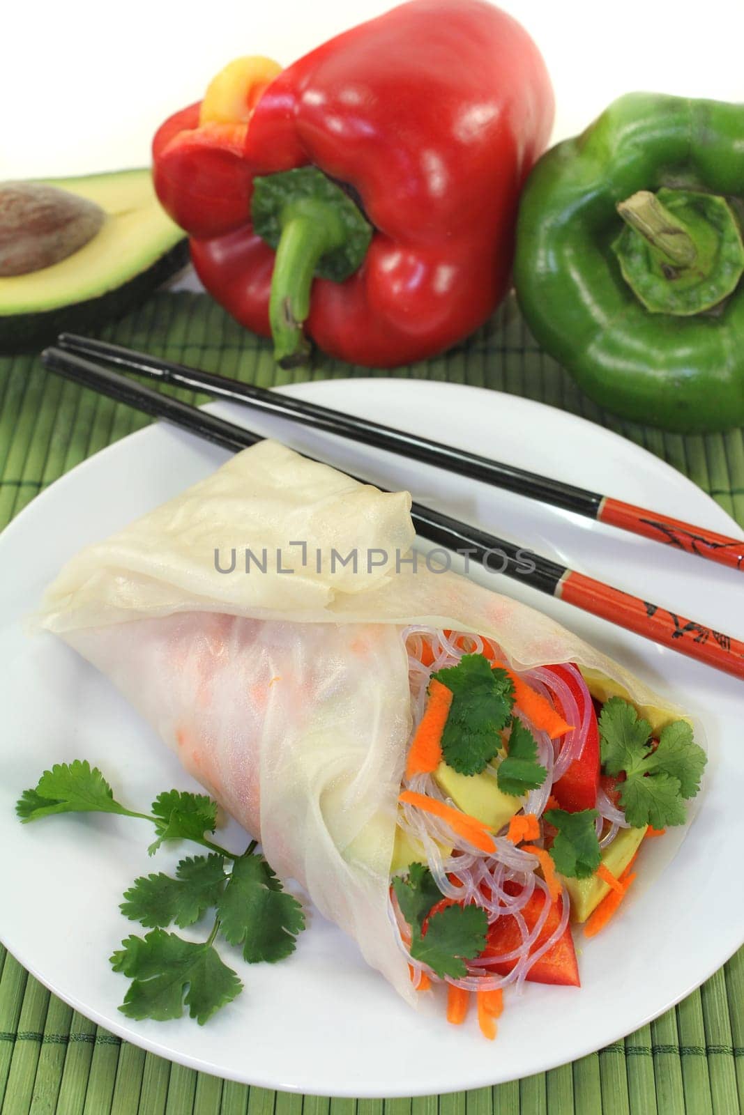Rice paper stuffed with glass noodles,carrots,peppers and coriander