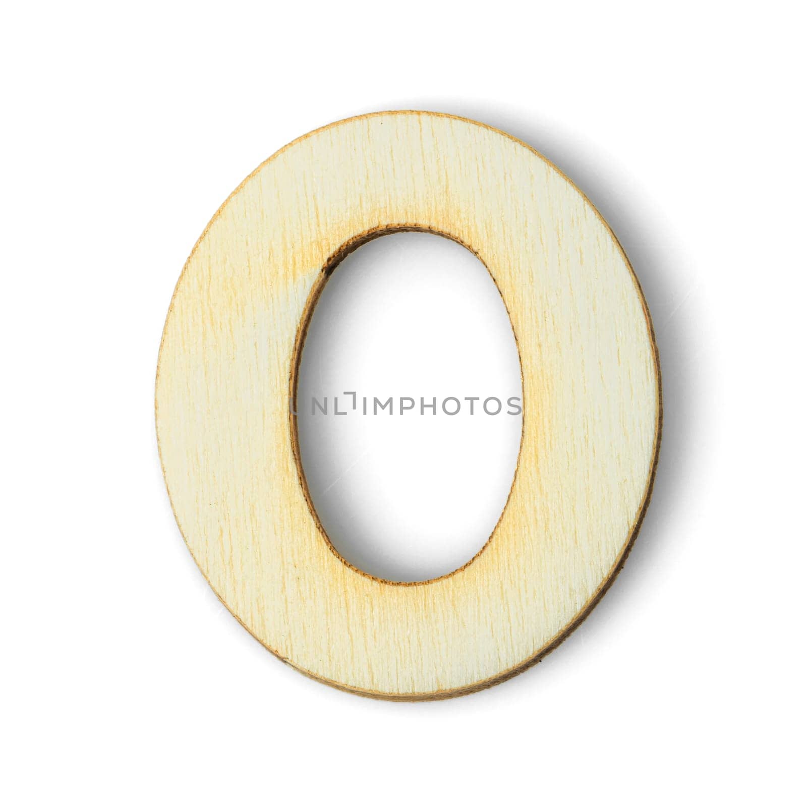 Wooden numeric 0 with drop shadow on white background