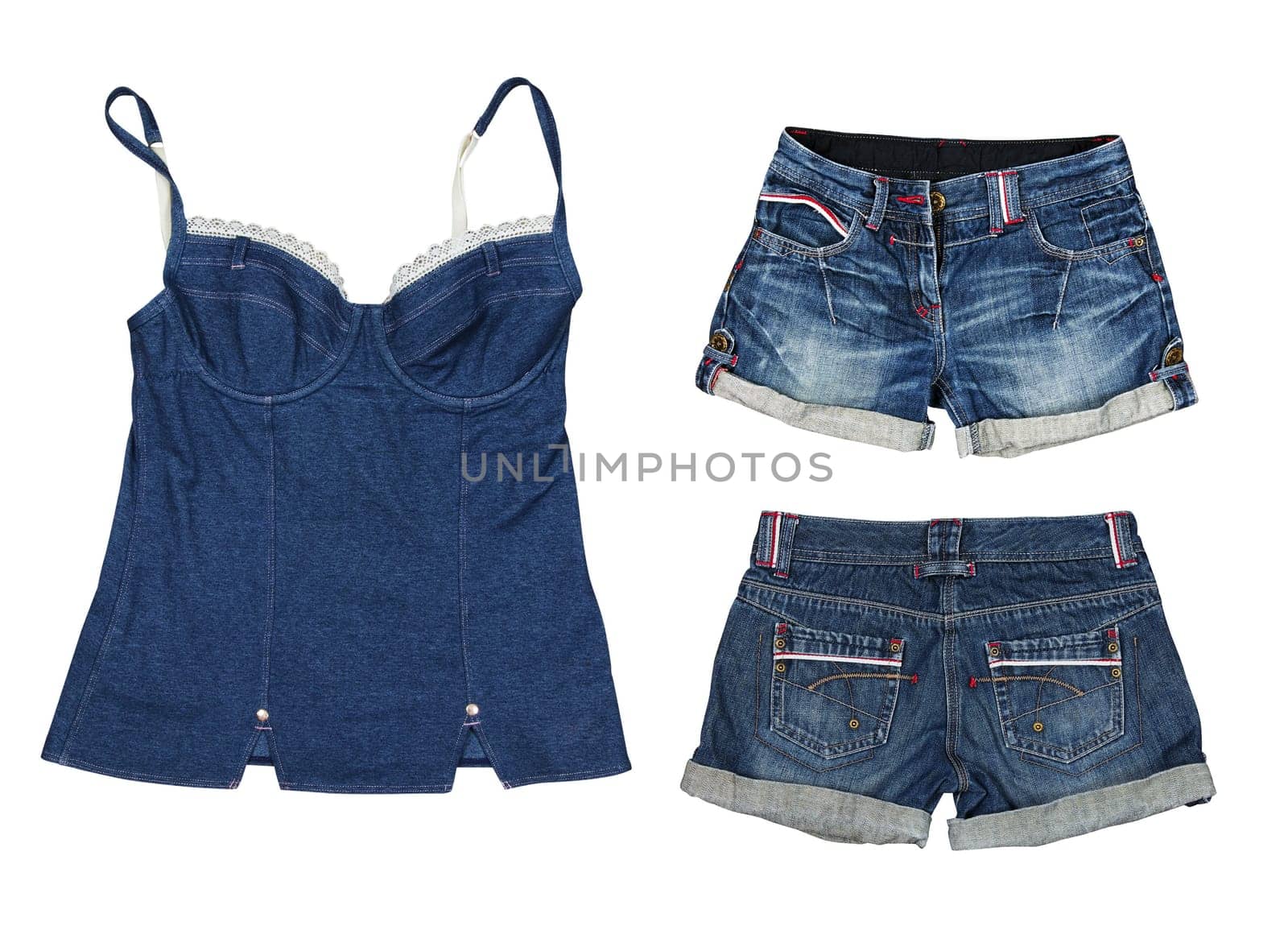 Collection of jeans clothes on white